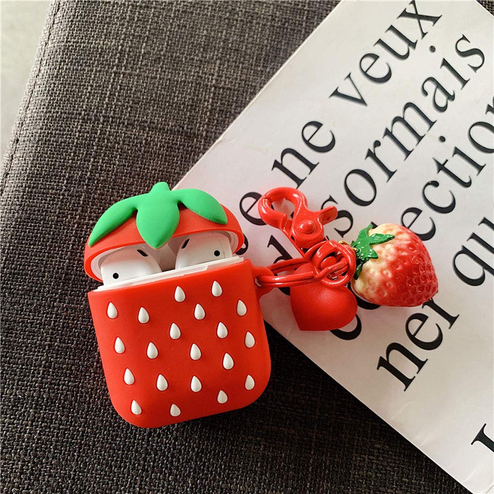 Rertnocnf Compatible with Earbuds Case Airpods 1 & 2, Girls Cute Strawberry Design Soft Silicone Waterproof Shockproof Earphone Protective Cover Red