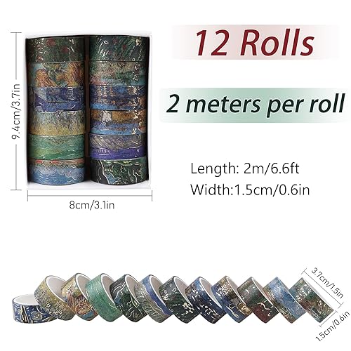 Miniatura 2 de RISYPISY Juego de cintas Washi, 12 rollos de cintas Washi vintage de Van Gogh, 0.6 pulgadas x 6.6 pies, cinta adhesiva de papel dorado para