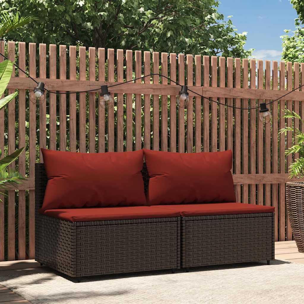 vidaXL Garten Mittelsofa 2 STK., Gartensofa mit Kissen, Modular Sofa Sitzgruppe für Garten Terrasse, Gartenmöbel Loungemöbel, Braun Poly Rattan