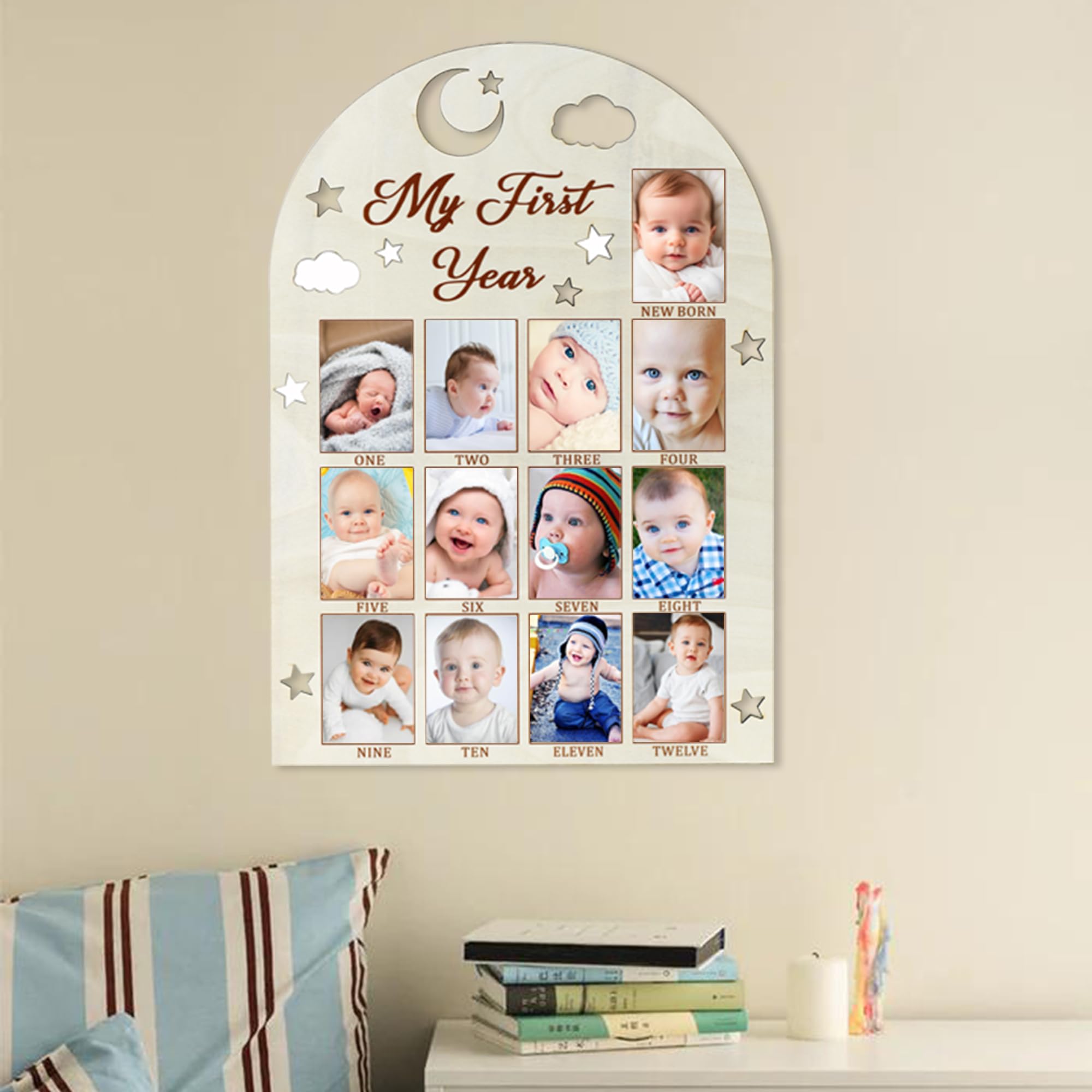 Tableau photo en bois My First Year avec découpe 3D pour bébé de 12 mois, cadre photo pour décoration de premier anniversaire de fille/garçon, tableau photo en bois, tableau photo important
