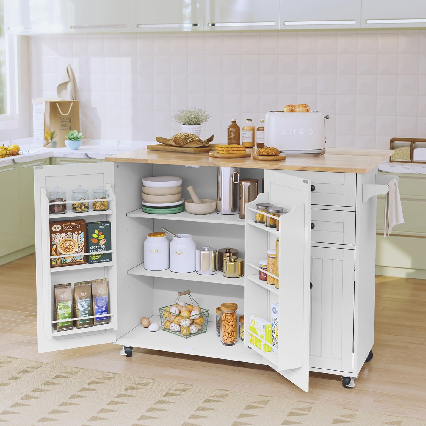 Kitchen Island on Wheels, Kitchen Trolley Storage Islands & Carts with Extendable Rubberwood Worktop, White Rolling Kitchen Island Breakfast Bar with Drawers and Spice Rack