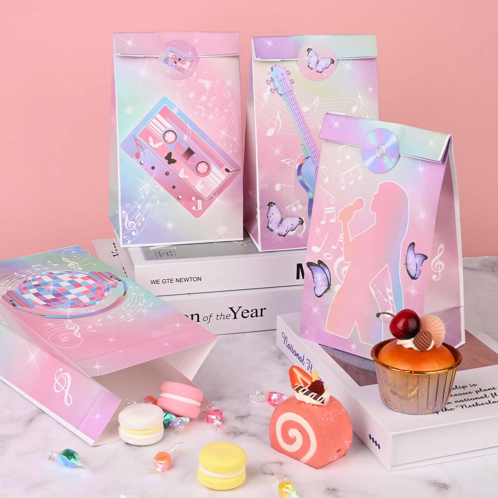 CHUNNIN 24 Pcs 'Hi I'm The Birthday Girl' Party Gift Bags – Iridescent Music Theme, 8x4.7x3 Inches