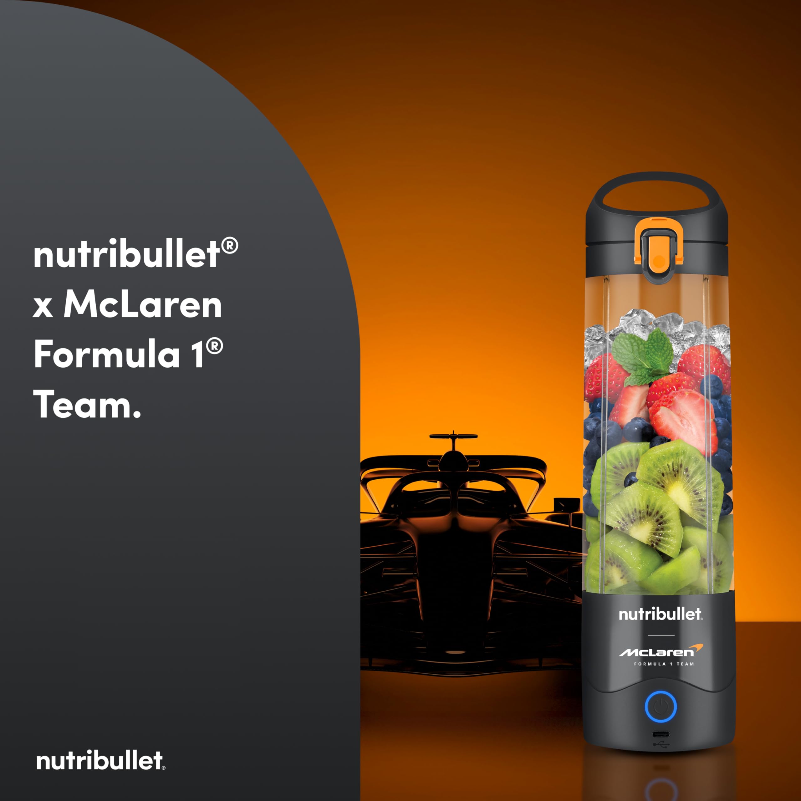 nutribulllet Portable x McLaren F1 Team - Batidora Portátil, Smoothie Maker Inalámbrico con Batería, Vaso de Tritan de 475 ml, USB-C, Tapa To-Go, Compacta y Ligera, Gris (NBP003GO-MC)