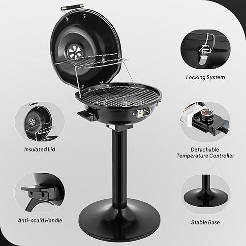 Miniatura 6 de ROVSUN Parrilla eléctrica vertical de 1600 W con tapa, parrilla de acero inoxidable 304 negro con bandeja de goteo extraíble desmontable, diseño de