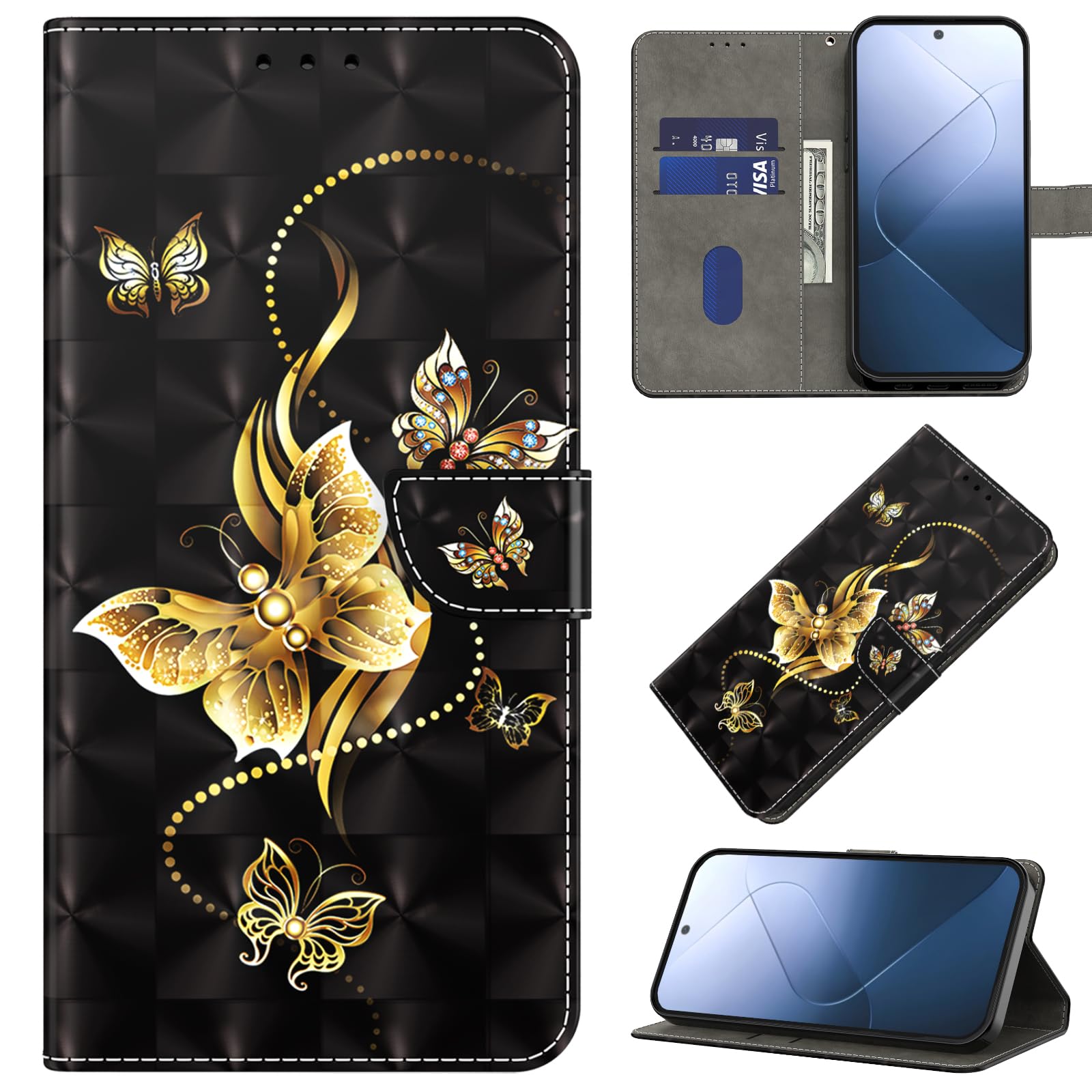 BOLELAW Hülle für Samsung Galaxy S22 5G – Stoßfeste PU Leder Flip Wallet Case mit Magnetverschluss, Standfunktion & Kartenfächern, Golden Butterfly