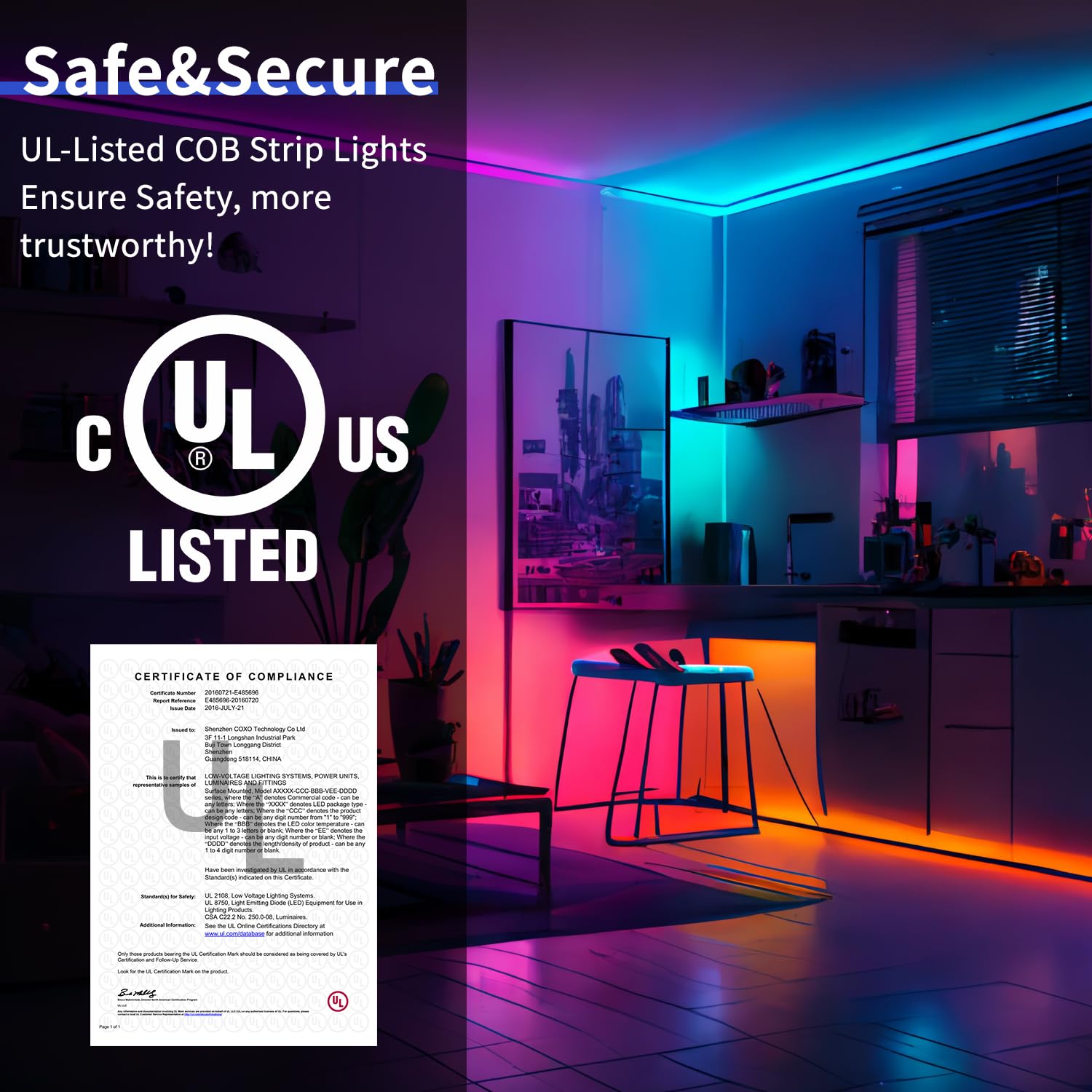 Striscia RGB COB con telecomando 5m ad alta densità DC 24V Band 2880 LED dimmerabile Certificazione UL striscia FCOB CRI 90+, illuminazione colorata per decorazione della stanza