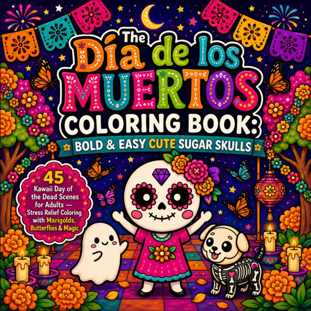 The Día de los Muertos Coloring Book: Bold & Easy Cute Sugar Skulls: 45 Kawaii Day of the Dead Scenes for Adults - Stress Relief Coloring with Marigolds, Butterflies & Magic