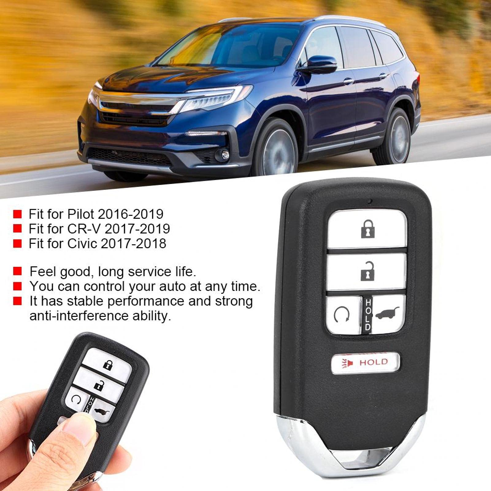Chiave wireless per auto, chiave telecomando per auto a 4 pulsanti 433MHz 47 chip adatta per CR-V/Civic/Pilot SUV KR5V2X