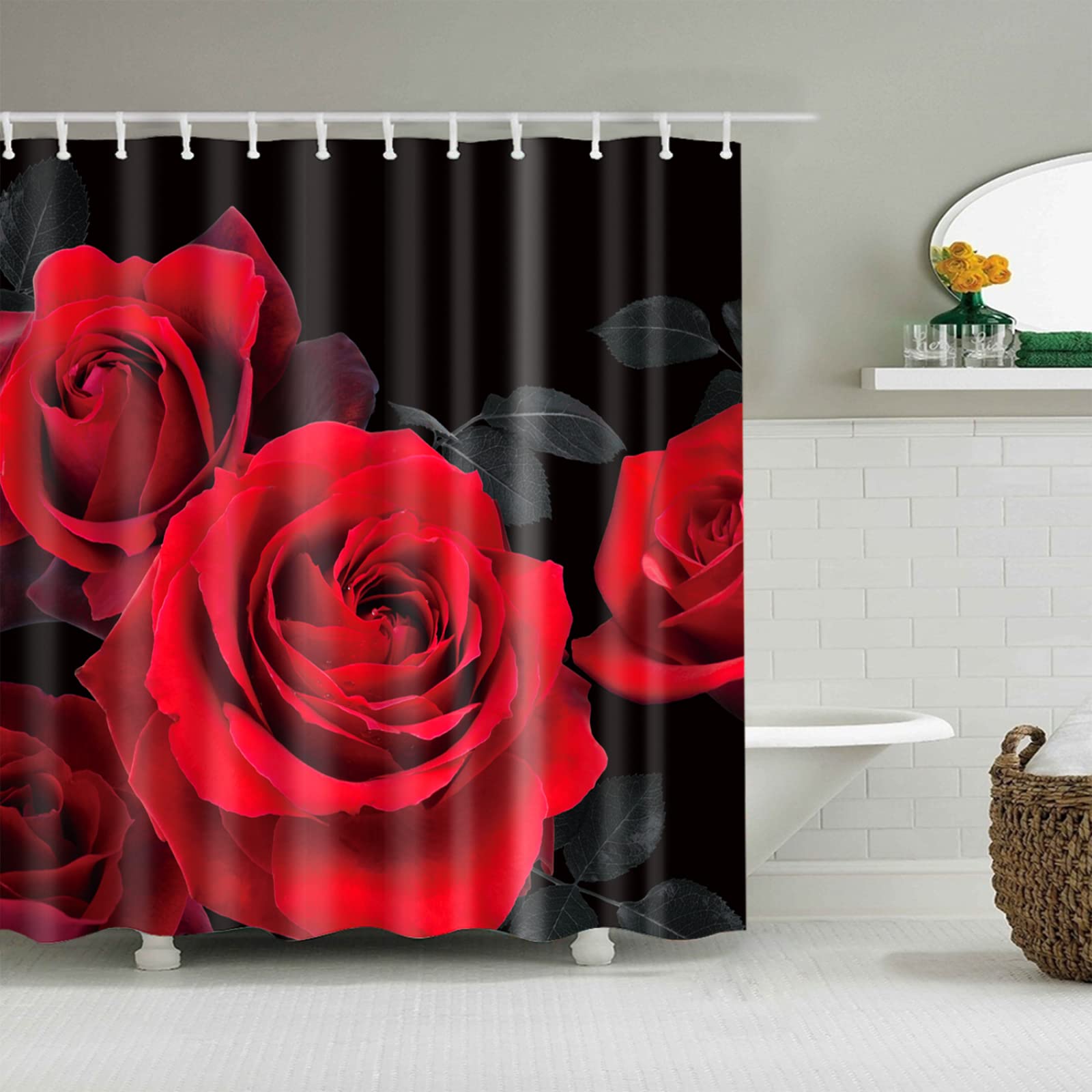 Tenda Doccia Fiori Rosso Neri Tenda Doccia Antimuffa Impermeabile Poliestere Lavabile con 12 Ganci Facile da Installare Tende Finestra Bagno per Dormitorio Hotel(180x220cm)