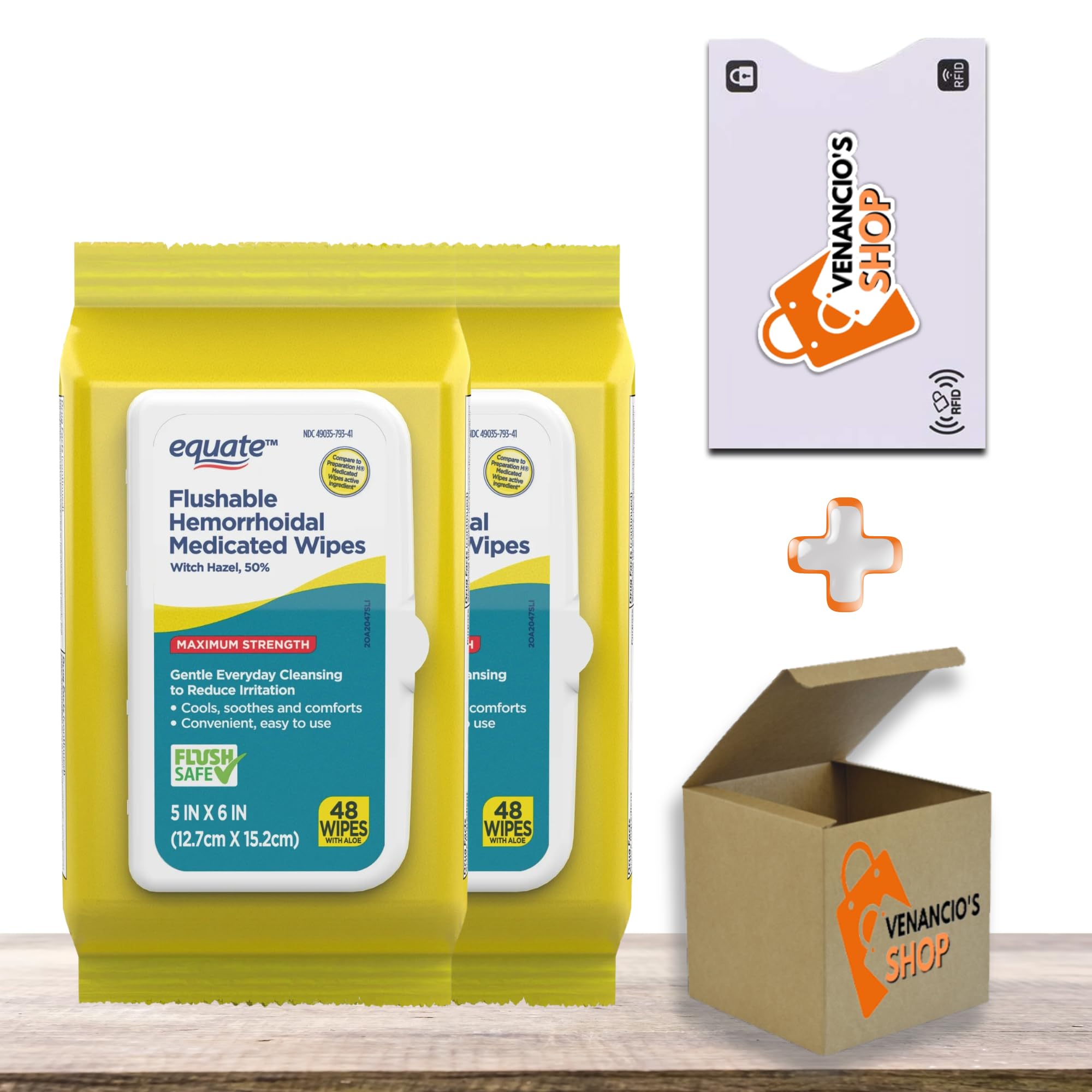 Flushable Hemorrhoidal Medicated Wipes with Witch Hazel 50% • Cooling Comfort • 48 Count By Equate + Vena’s Sticker (Pack of 2)