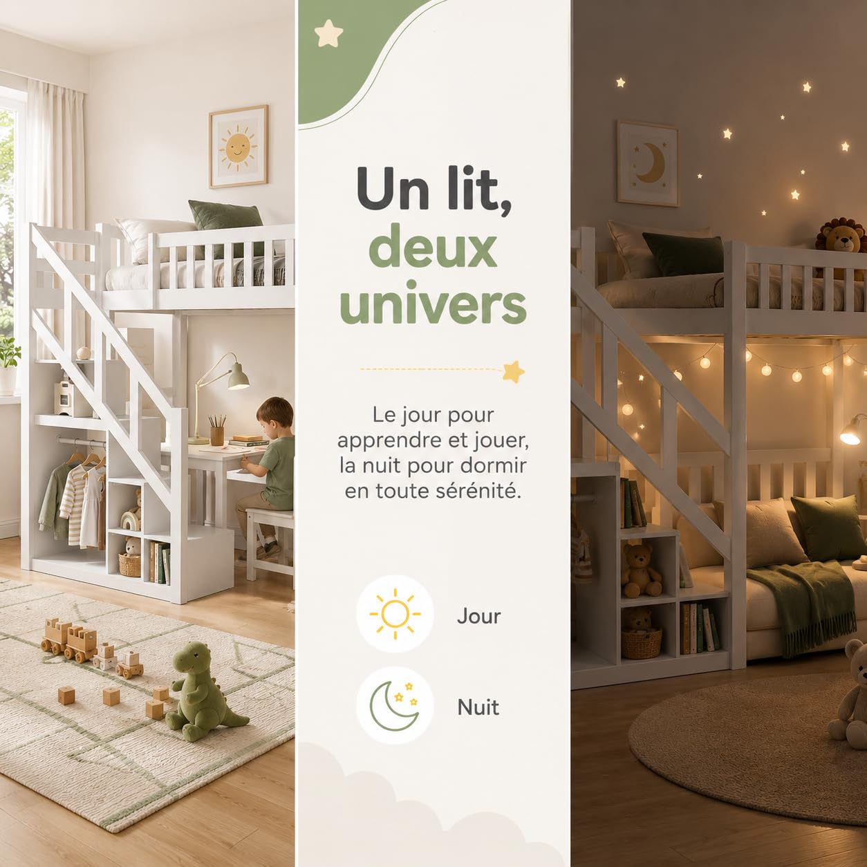 Lit superposé, pour enfant, 140 x 200 cm, en bois, avec espace de rangement, pour 2 enfants, 140 x 200 cm, avec escalier et sommier à lattes, avec protection contre les chutes, sans matelas