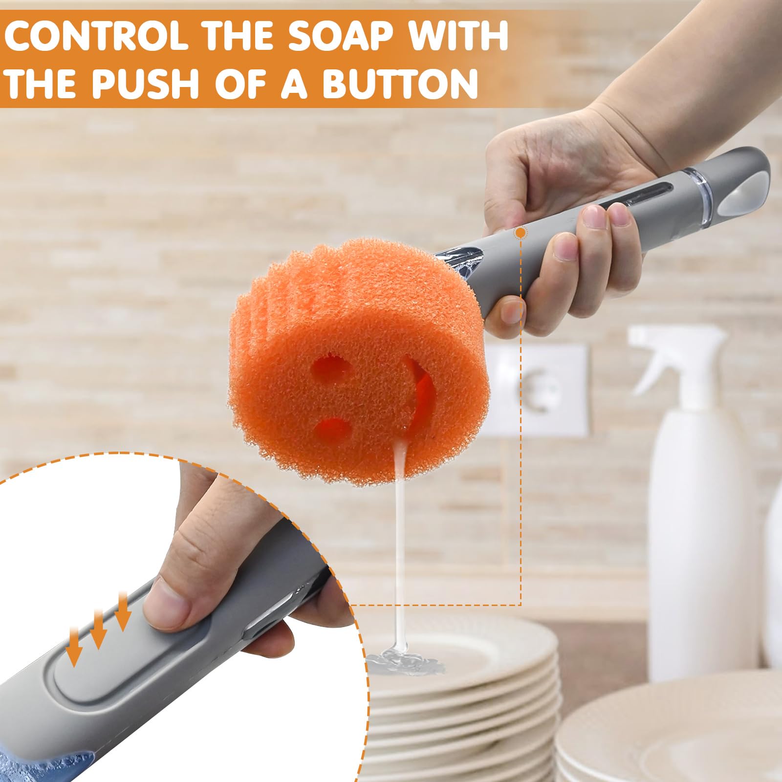 RIMAY Smile-Face Dish Wand Handle for Scrub Daddy Sponge - Soap Dispensing Cleaning Dishwand Scrub Handle Set with Holder (No Sponge Included) Product Image 4