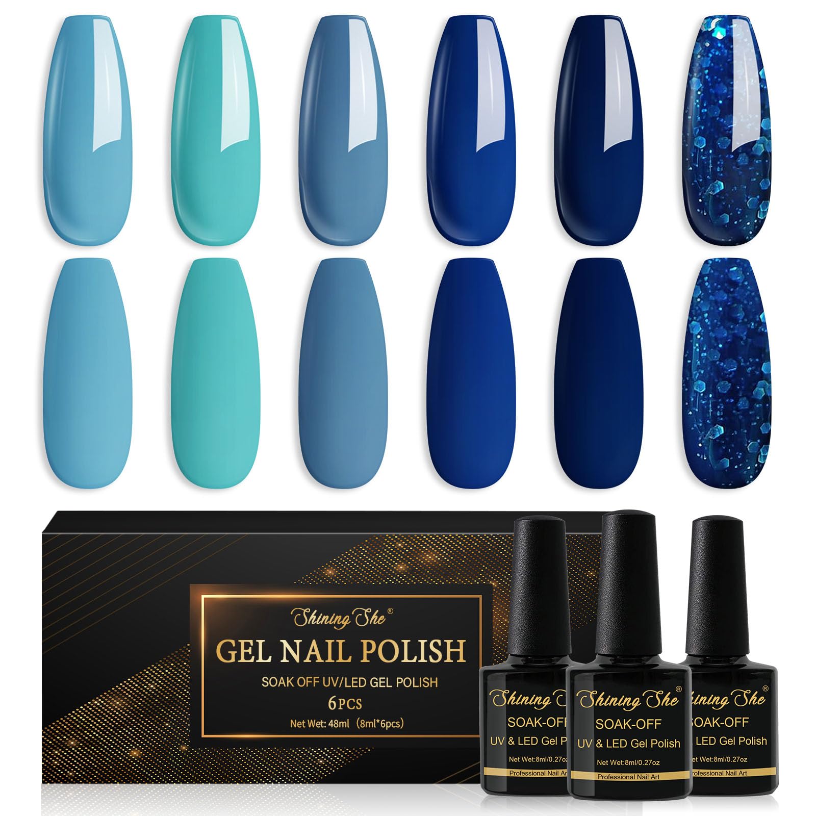 Shining She UV Nagellack Blau, 6 Farben Eiskristallblau Blauer See Sea Blue Dunkelblau Paillettenblau Gel Nagellack, Gellack Soak-Off UV Gel Nail Polish Nail Art DIY zu Hause,8ML