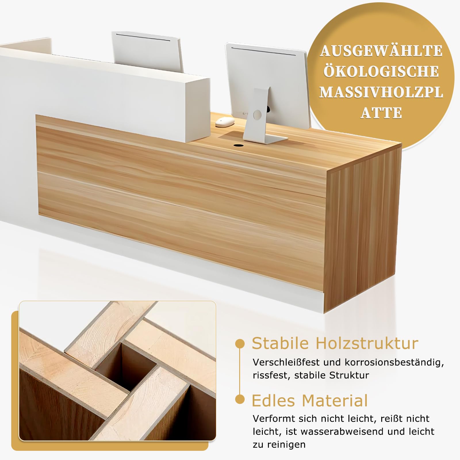 Empfangstheke mit Stauraum und offenen Fächern, Empfangstresen für Empfang, 100–240 cm Tresen für Geschäft, Salon, Studio, Empfangsbereich & Kasse