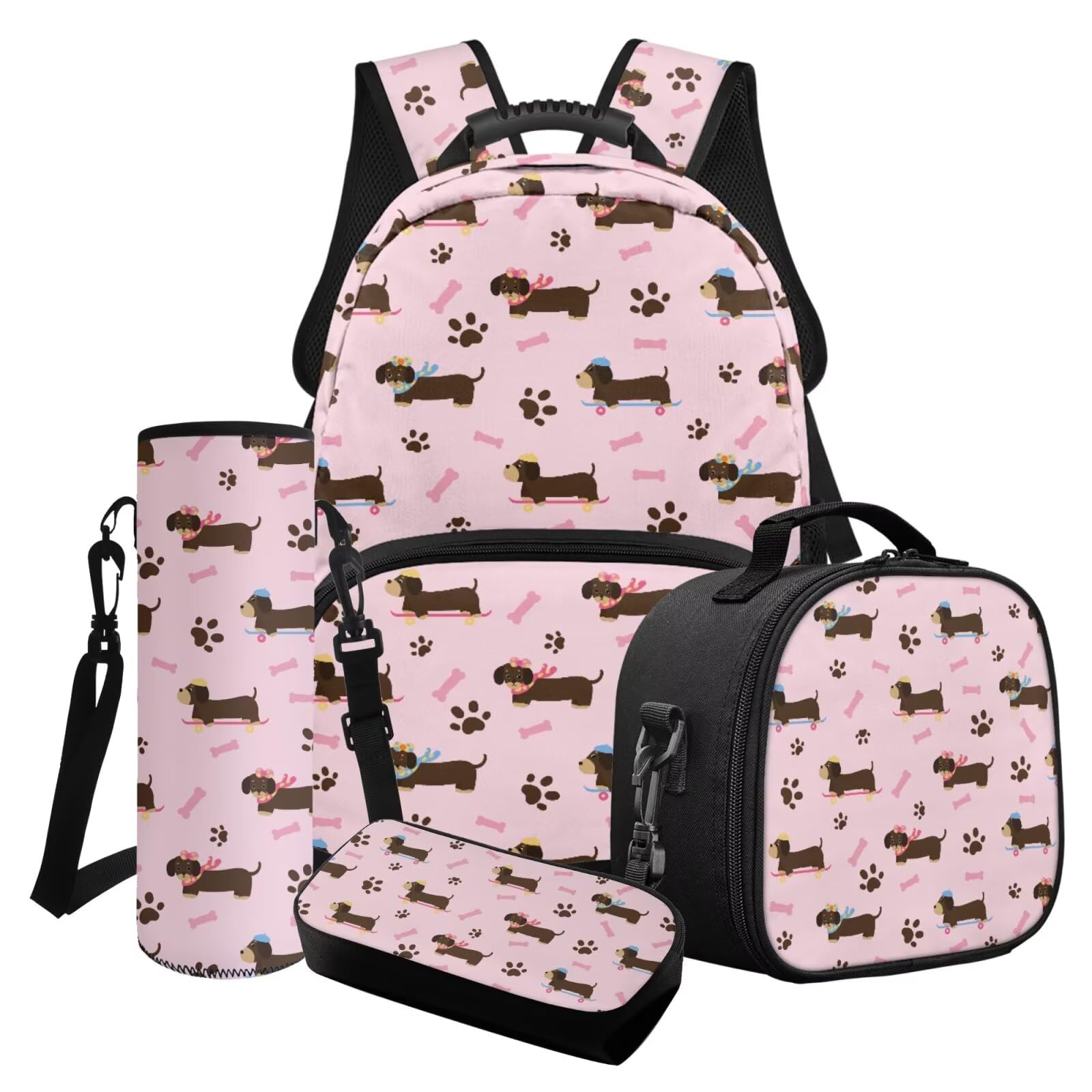 Xoenoiee Mochila escolar para niños con lonchera, estuche para lápices y soporte para botella de agua, para niños y niñas, animales lindos, Dachshund Dog Bone Paw Pink
