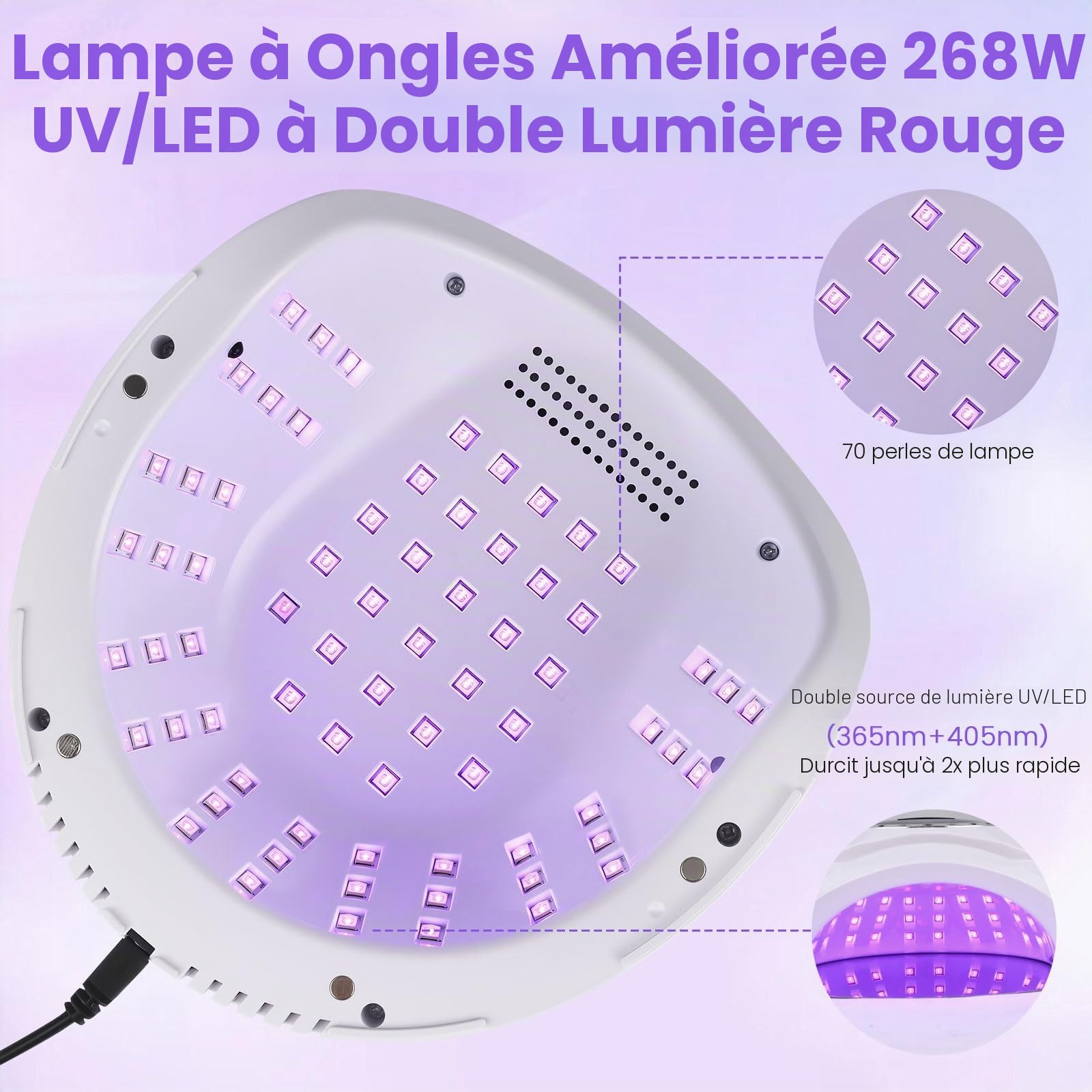 Lampe UV pour ongles en gel, 4 réglages de minuterie, affichage numérique, séchoir à ongles LED 268 W avec 72 perles, capteur automatique avec lumière manuelle, lampe LED pour salon et maison