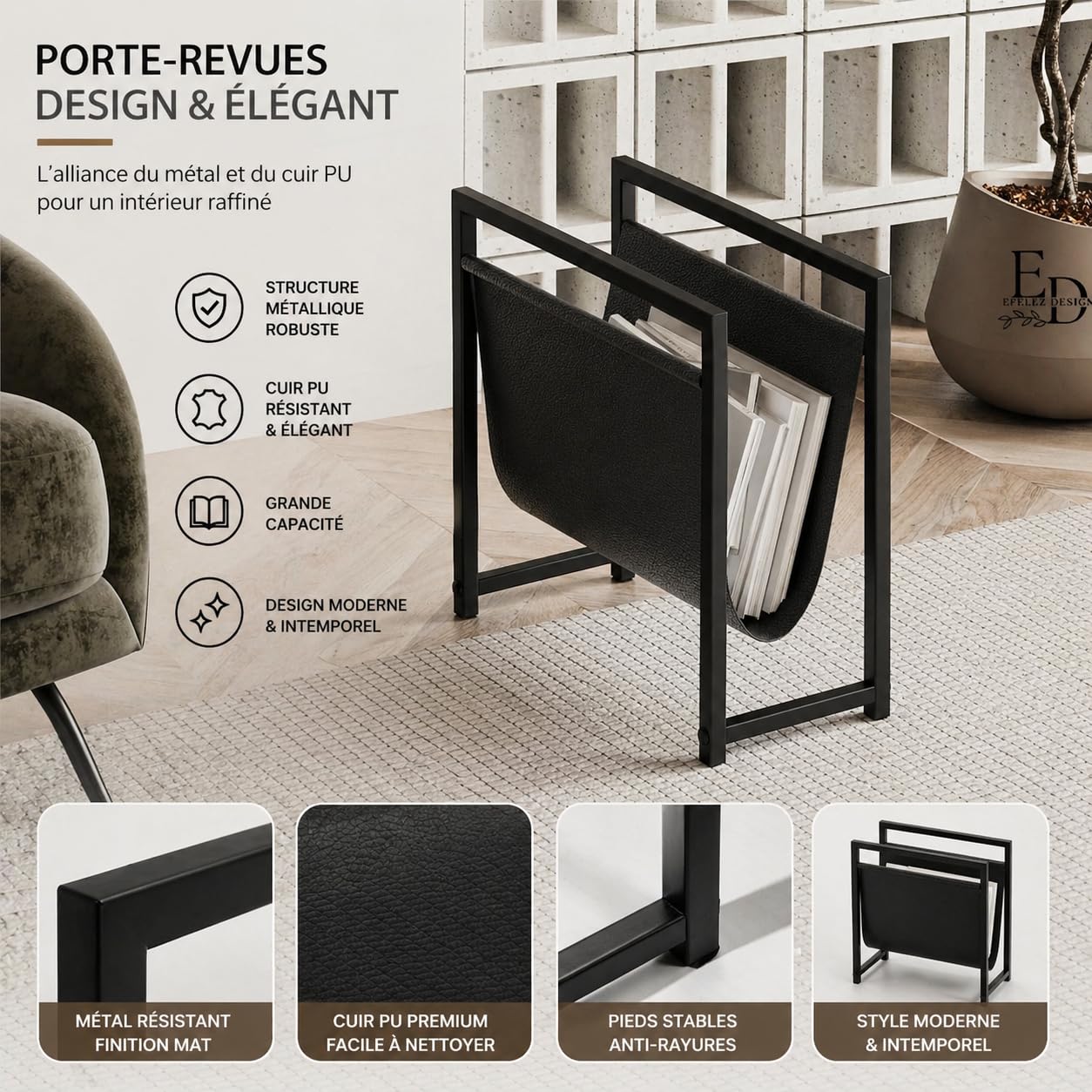 EMIDECO Revistero de metal negro con cuero organizador de revistas moderno soporte para periódicos y libros