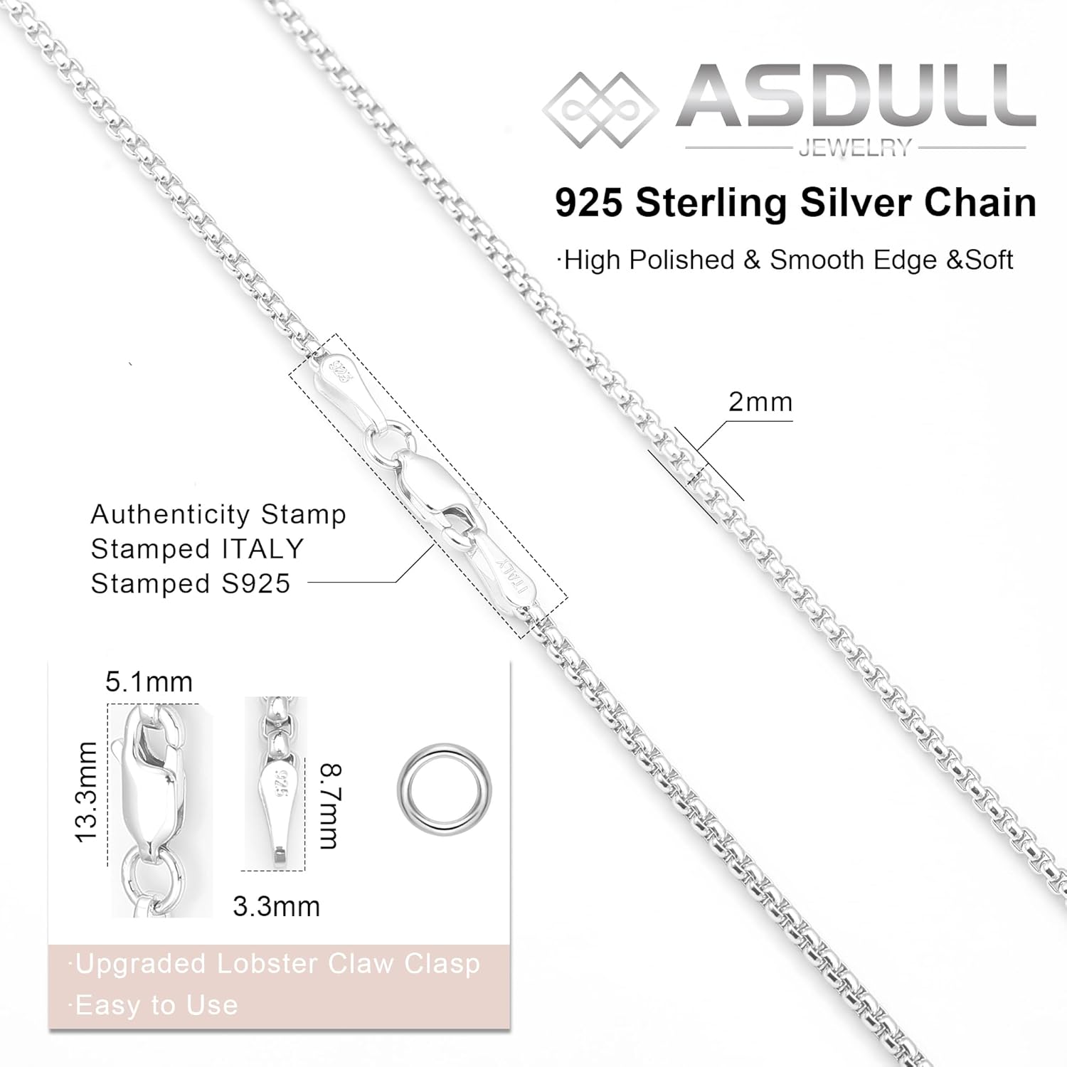 925 Sterling Silver Box Chain for Women 2/3/4/5mm Mens Sturdy Non-Fading Mens Silver Chain 16/18/20/22/24/26/30 Inches - Image 3
