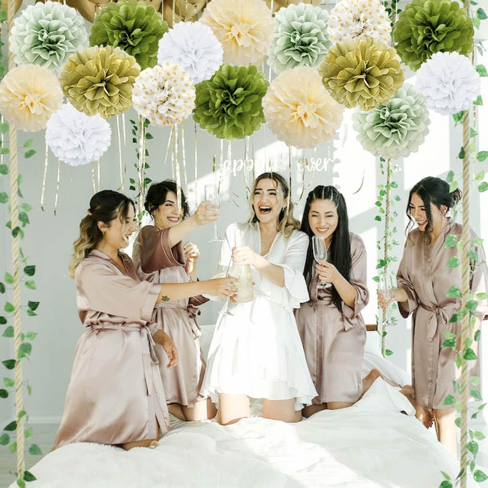 Lot De 10 Pompons En Papier De Soie Diamètre 15 Cm - Décoration Vert Foncé Pour Fête Et Mariage