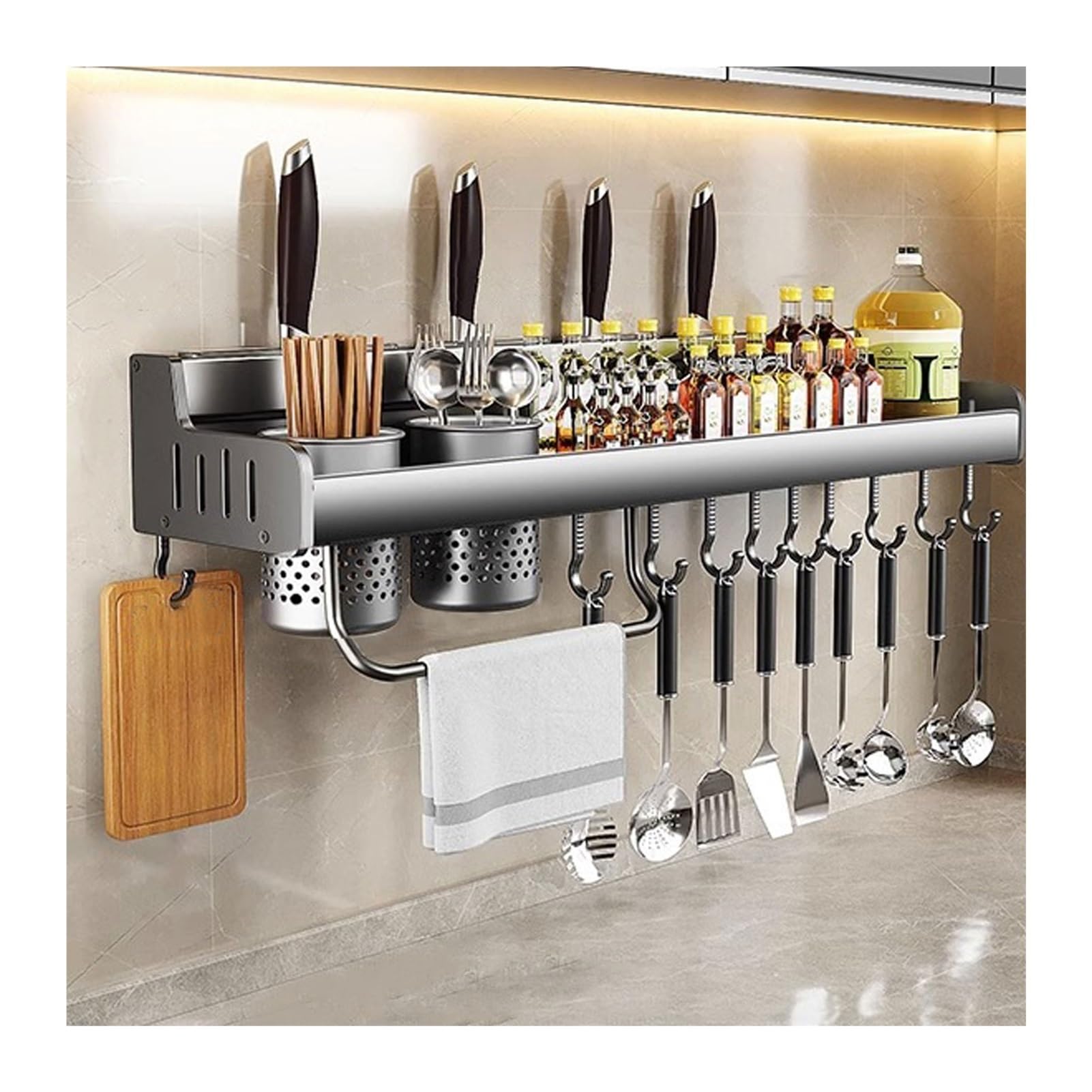 GLJTUO Wall-Mounted Spice Rack with Hooks - No Holes Required, Kitchen Utensil & Towel Holder, Knife, Space-Saving Storage Solution for Cooking Essentials (60cm),60cm-2 cups-10 hooks