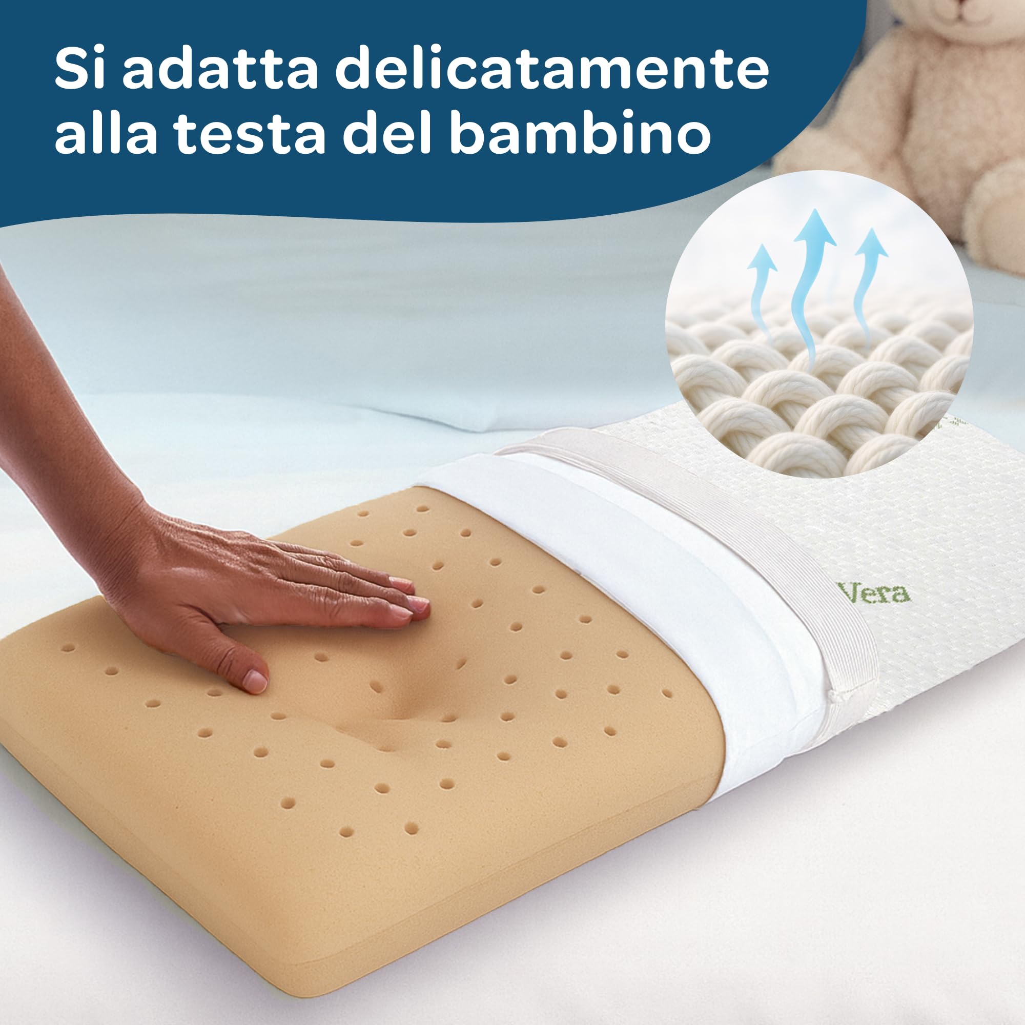 DOLCI SOGNI Cuscino Lettino Bambino Antisoffoco 50x30 Memory Foam Spessore 5,5 cm, OEKO-TEX® e CertiPUR™ Cuscino per Asilo, Guanciale Bambini Modello Aloe Cuscino da Viaggio 100% Made in Italy