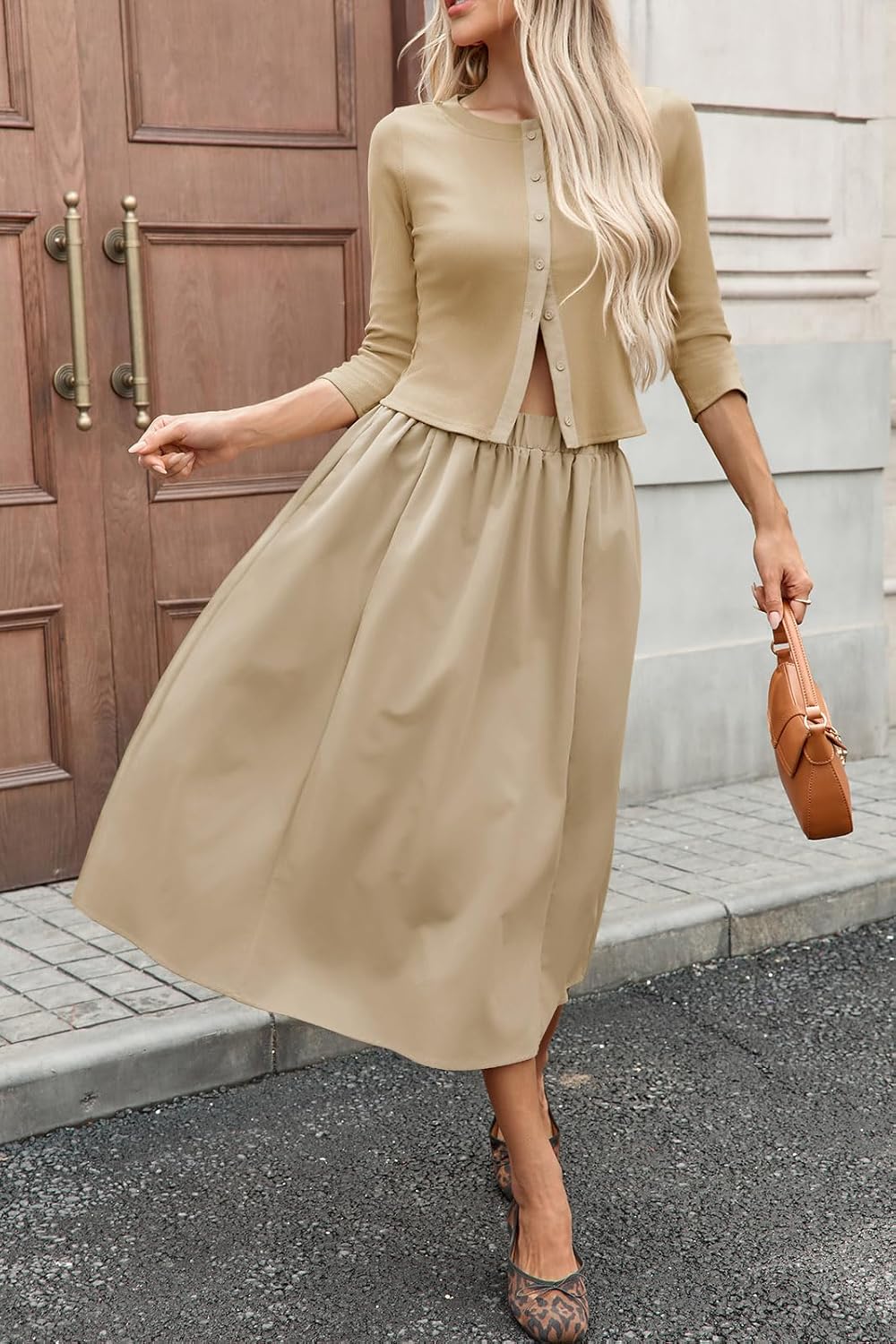 Tankaneo Womens 2 Piece Skirt Sets 3/4 Sleeve Knit Cardigan Elastic Waist Midi Skirt Outfits Casual Matching Dress Set - Image 5