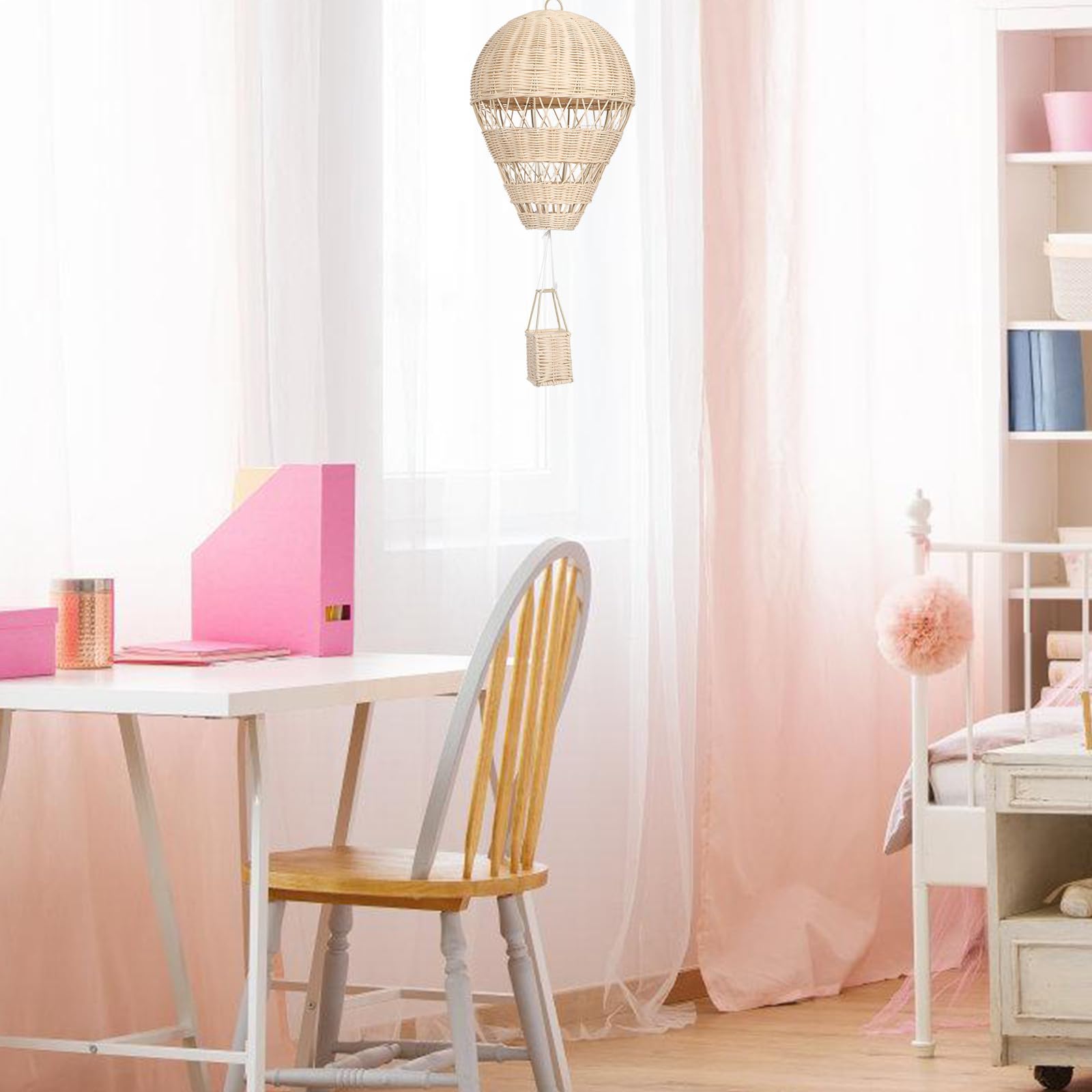 Rattan Heißluftballon Dekoration Hängend aus Handgewebtem Rattan mit Lichterkette für Kinderzimmer Fotorequisite und Partybeleuchtung