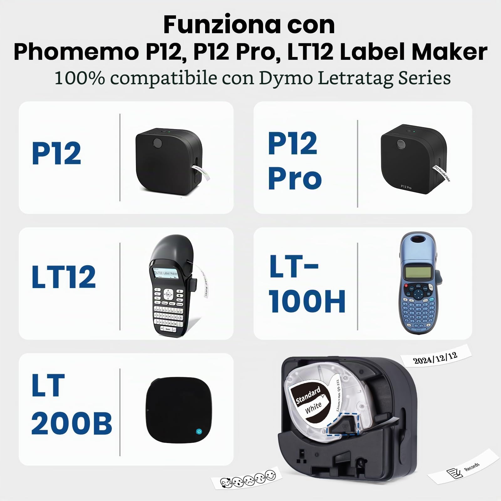 PhomemoP12/P12-Pro/LT12, nastro di raso originale,12 mm x 2 m, 5 colori,R234/RE31/RN34/R531/R231, per regali, matrimoni, confezioni regalo fai da te, per stampante Phomemo P12/P12 Pro/LT12