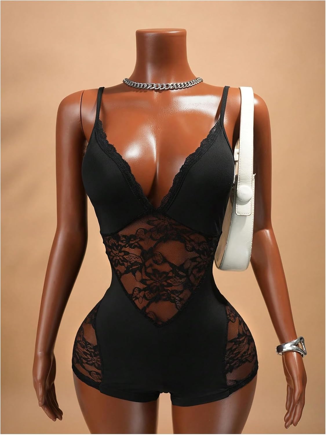 SweatyRocks Women's Lace Sheer Deep V Neck Skinny Romper Bodysuit Sexy Shorts Jumpsuit Clubwear - Image 4