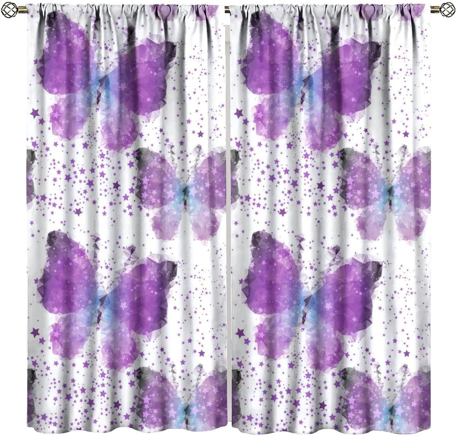 Butterfly Curtains Purple Blue Butterflies Stars Modern Abstract Aesthetic Art Girls Women Bedroom Living Room Bathroom Blackout Rod Pocket Decoration Window Drapes 2 Panels W31.5xL72in
