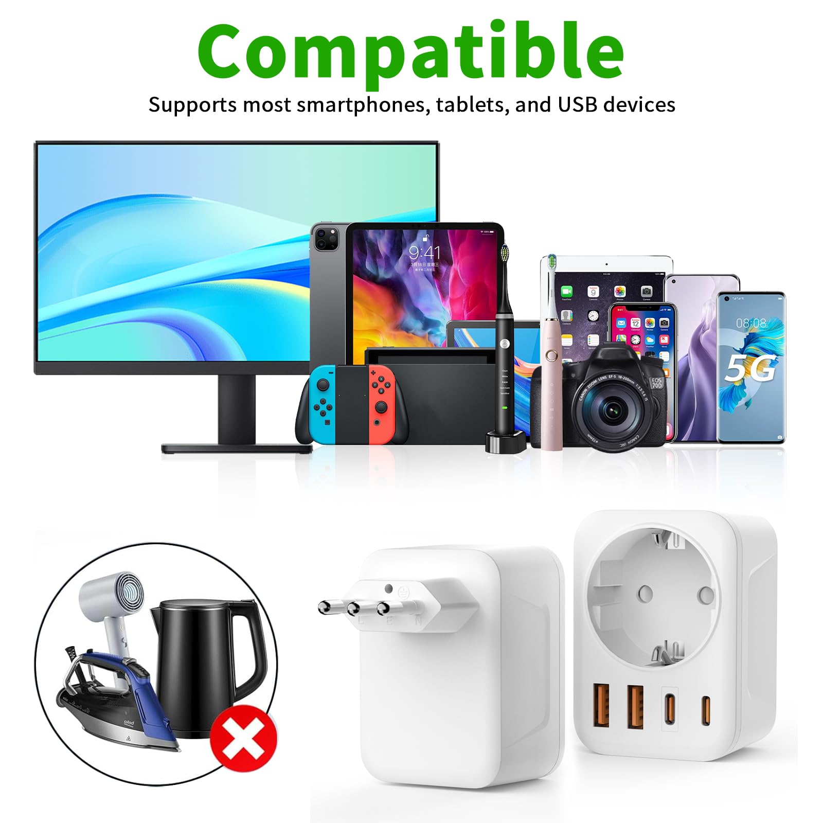 5 en 1 Adaptateur Prise Italienne vers France, Adaptateur Prise Italienne, 2 USB C, 2 USB A, Europe FR 2 Broches vers US 3 Broches, pour Italie, Chili, Maldives, Saint-Marin, Vatican,Type L