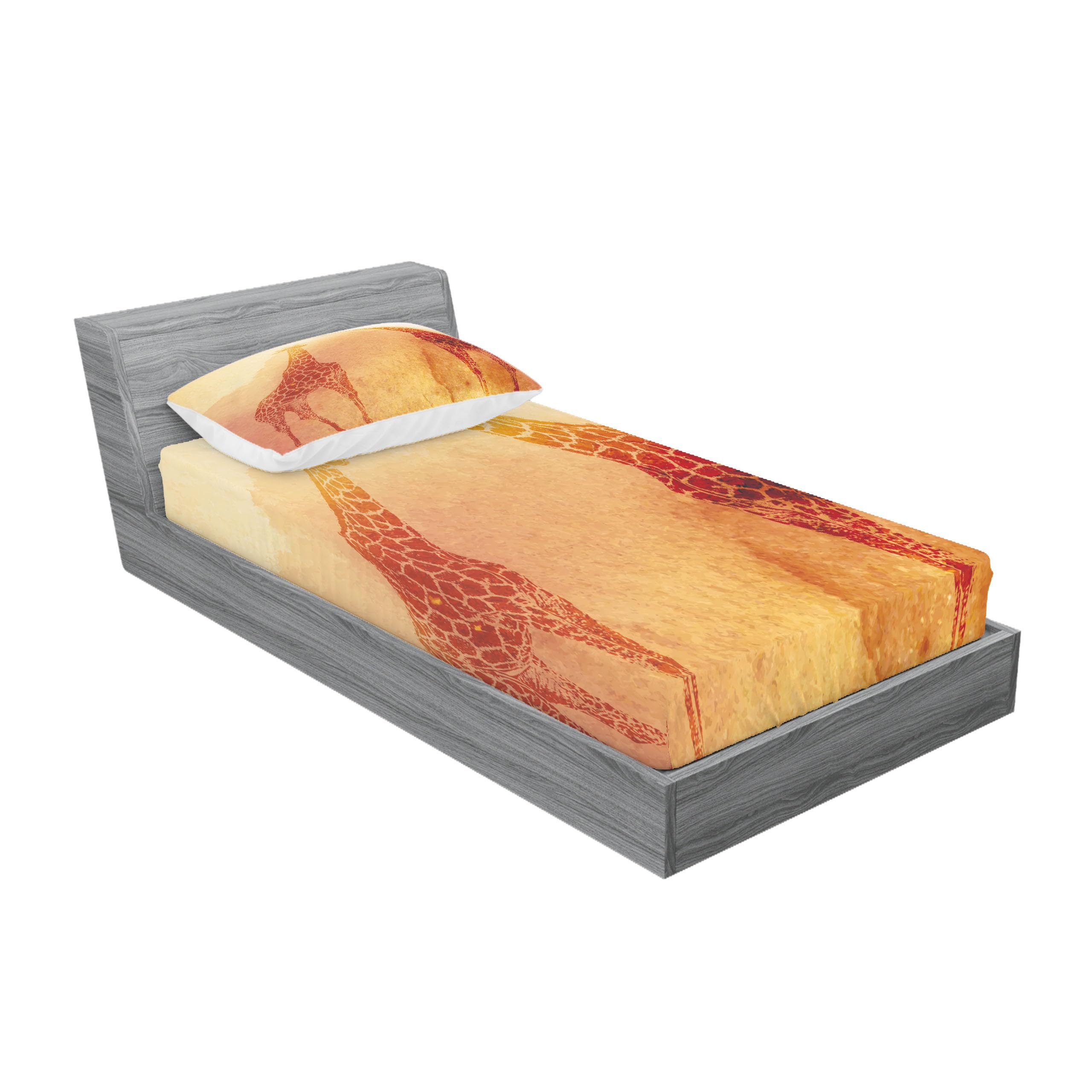 Ambesonne Safari Fitted Sheet & Pillow Sham Set, Illustration Tropic Giraffes Tallest Neck Animal Mammal in Retro Vintage Print, Decorative Printed 2 Piece Bedding Decor Set, Twinxl, Orange