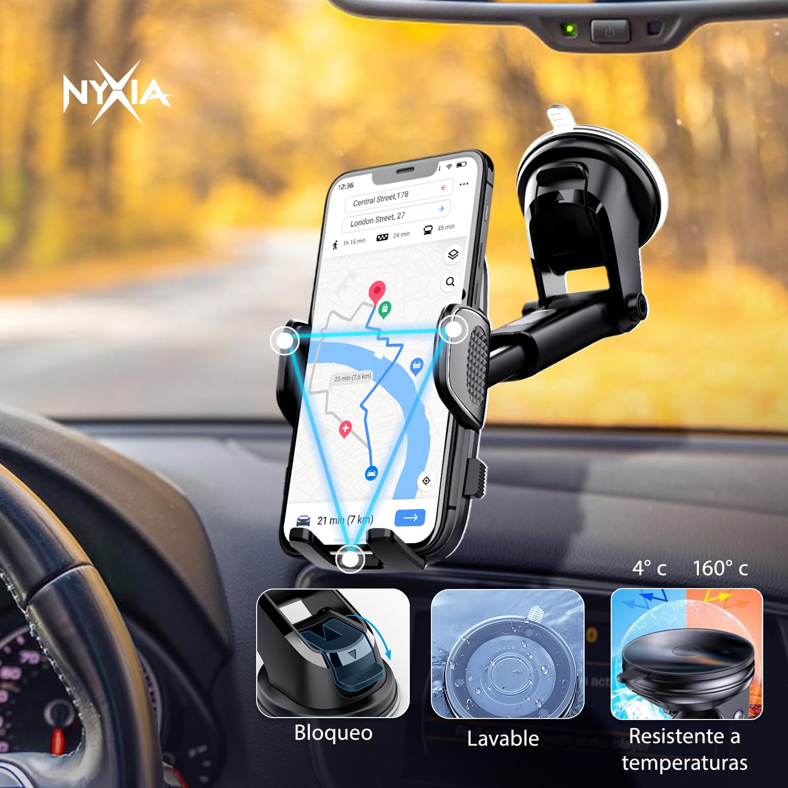 Nyxia® Soporte Movil Coche | Soporte Telefono Coche Universal | Potente Ventosa | Salpicadero/Parabrisas | Rotacion 360º | Compatible con Teléfono Móvil de 4” a 7” — view 6