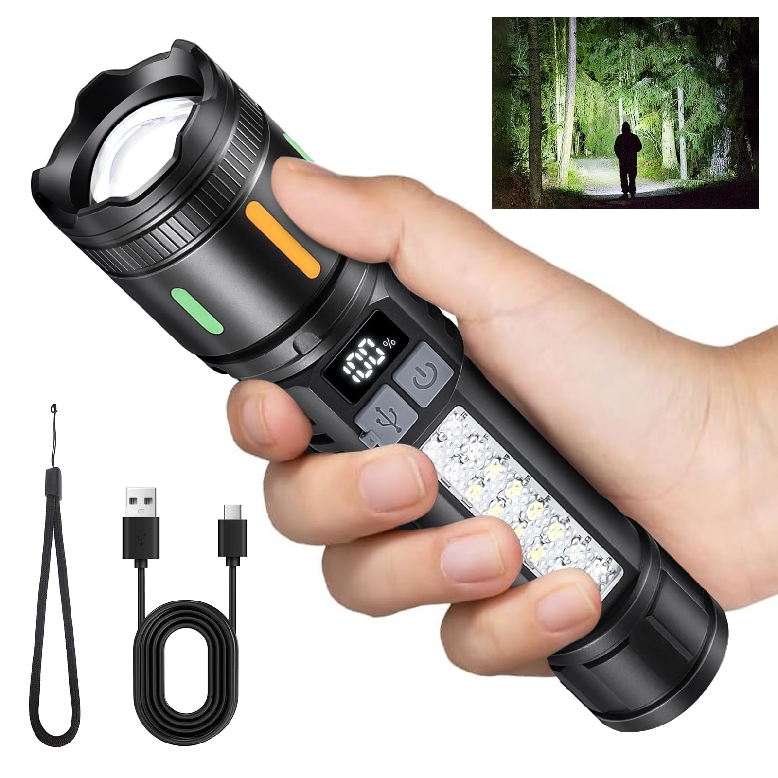 Rechargeable LED Flashlights High Lumens - 3000LM Super Bright Tactical Flashlight with Cob Sidelight, 5 Light Modes, IPX6 Waterproof, Powerful