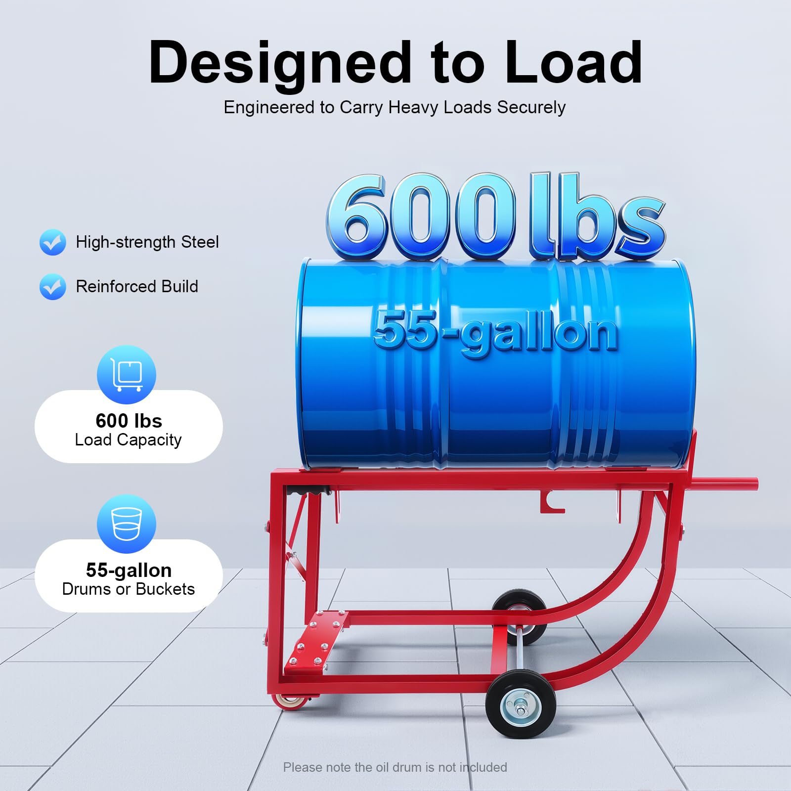 Carrello per fusto industriale, supporto barile a ruote, movimentazione barile olio, acciaio robusto, carico 600lbs, movimento officina Garage Magazzino, 55 Gal, Rosso
