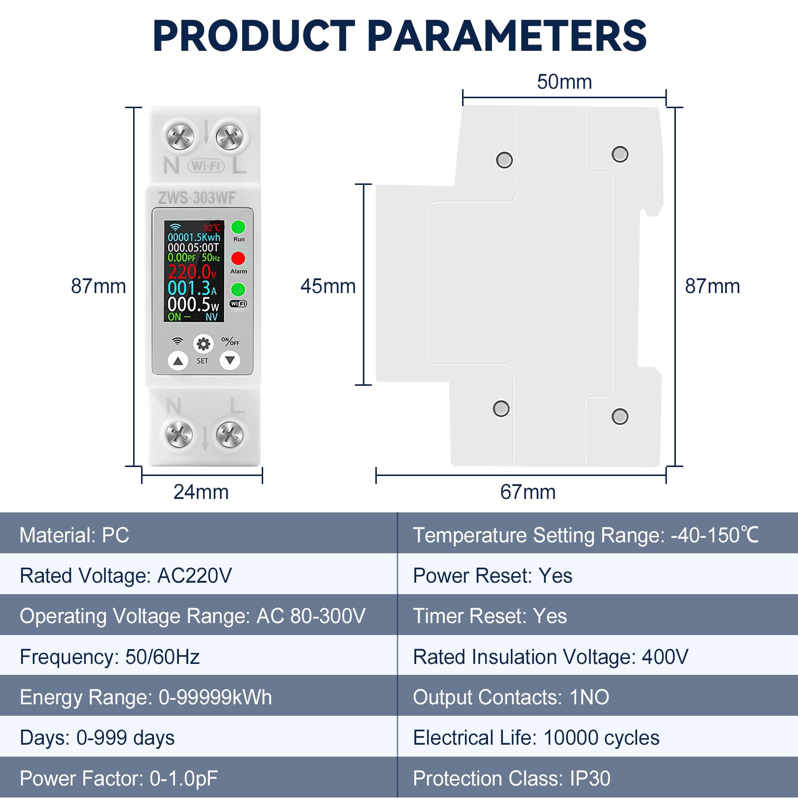 Medidor de Consumo Electrico WiFi Contador Electrico Carril Din AC 80-300V/63A Medidor Consumo Electrico Multifuncional Pantalla Digital Sobretemperatura Sobrecarga de Corriente Sobrecarga