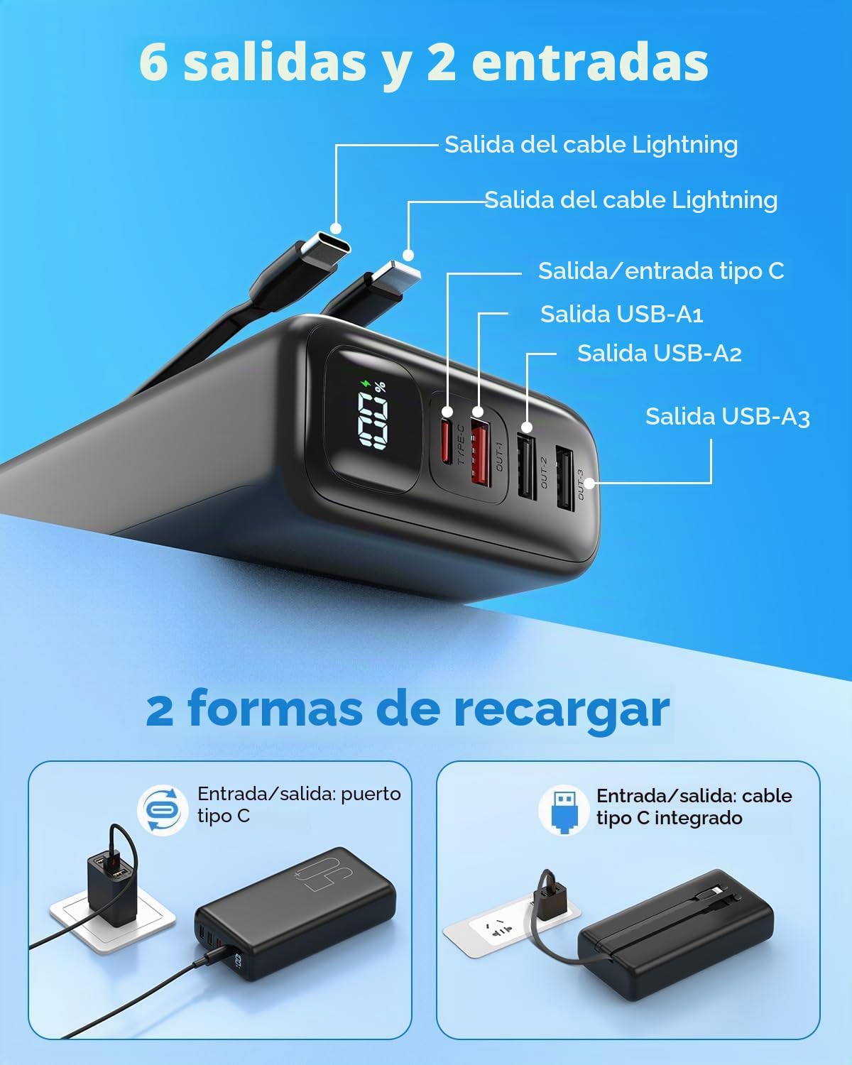 Power Bank Cargador portátil 51000mAh, Carga rápida 22,5W con Cables | USB C y Lightning incorporados, Pantalla LED, 6 Salidas para iPhone 16 15 14, iPad, Camping de Emergencia