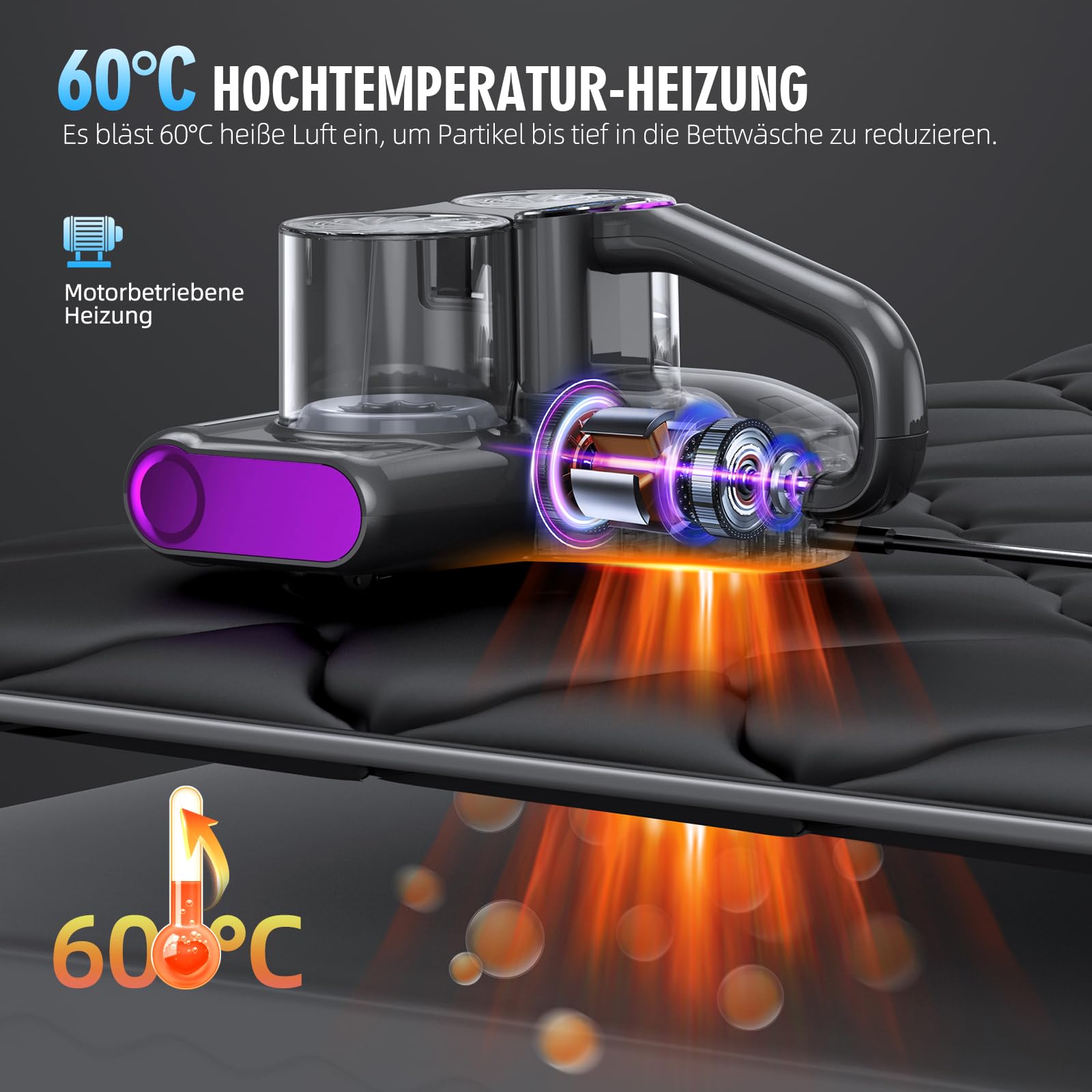 Milbensauger für Matratzen Milbenstaubsauger mit 253,7nm UV-Licht 16Kpa Bett-Staubsauger Bürstenwalzenklopfen HEPA Filter Ultraschall Heißer Wind Funktion Verbreiterte Saugöffnung
