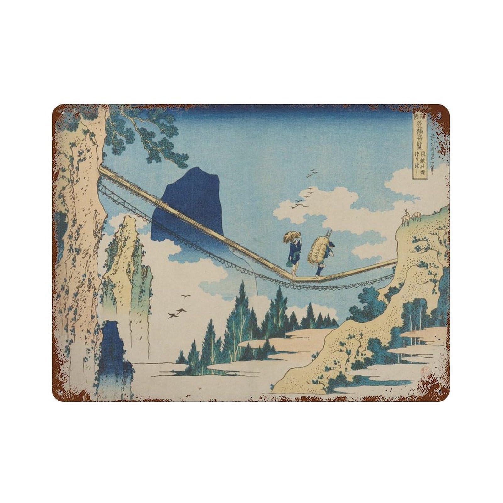 xiaoxiaoshen Hokusai Suspension Bridge Japanese Woodblock Wall Decor Art Metal Tin Poster Modern Home Decor Art Home Bar Shop Decorations Vintage Sign 30x40cm