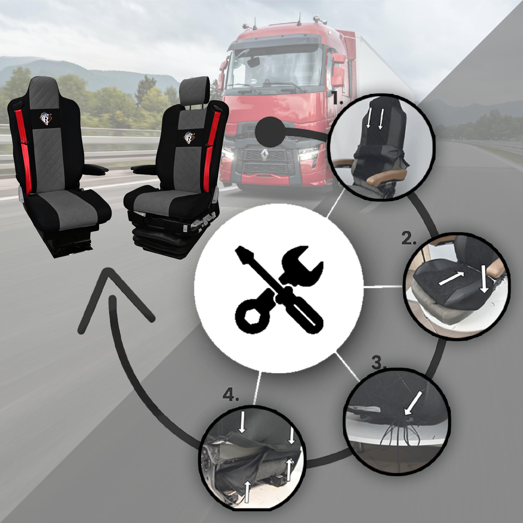 SABA Funda de Asiento para Renault Serie T Desde 2014, Asiento del Conductor con reposacabezas, Asiento del Pasajero, 2 Cinturones de Seguridad Gris Accesorios de protección para Asientos de Camiones