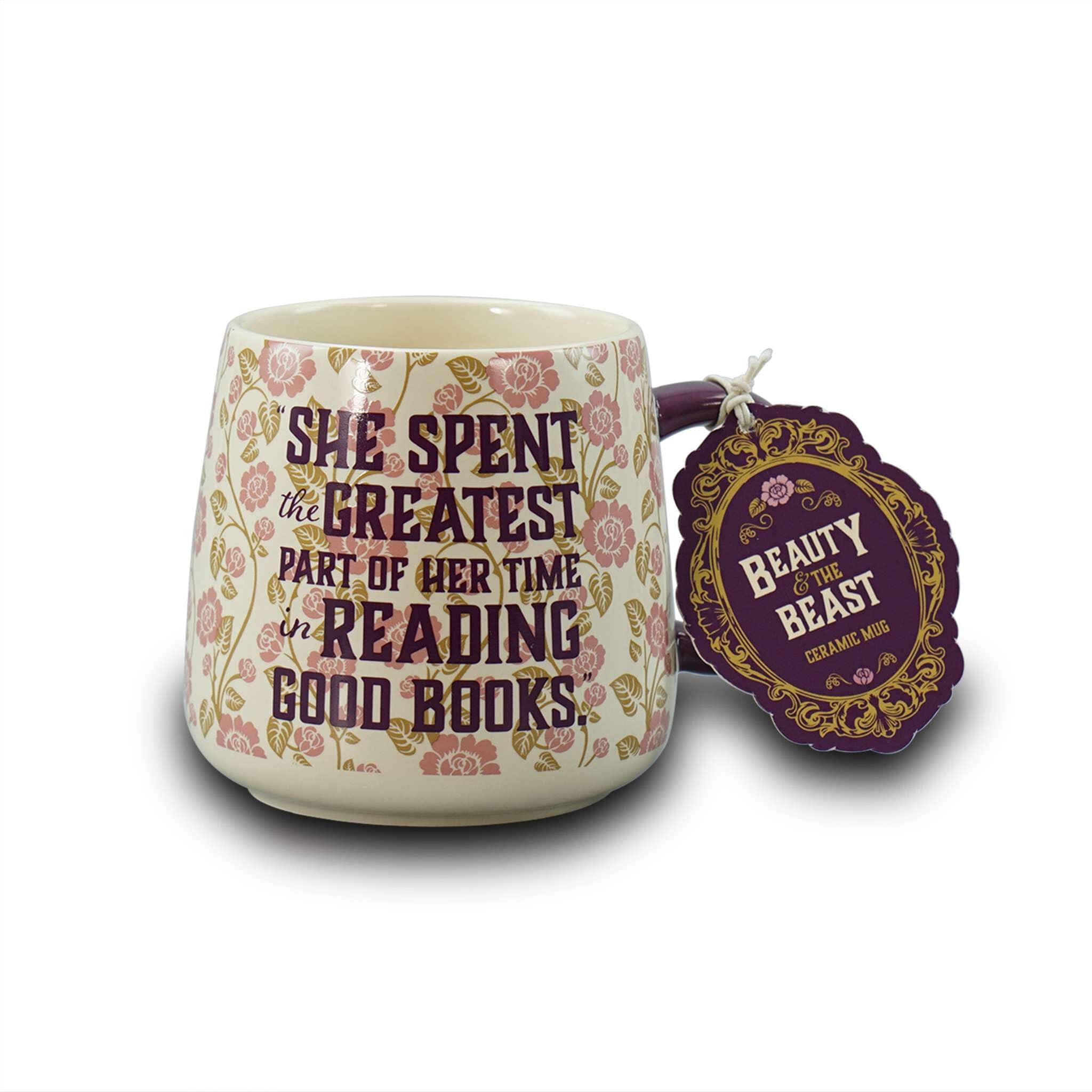 Half Moon Bay Die Schöne und das Biest Kaffeetasse, rosa Blumen-Teetasse für Leser und Bücherwürmer, 354 ml, Keramik, Aufschrift "Greatest Part of Her Time"