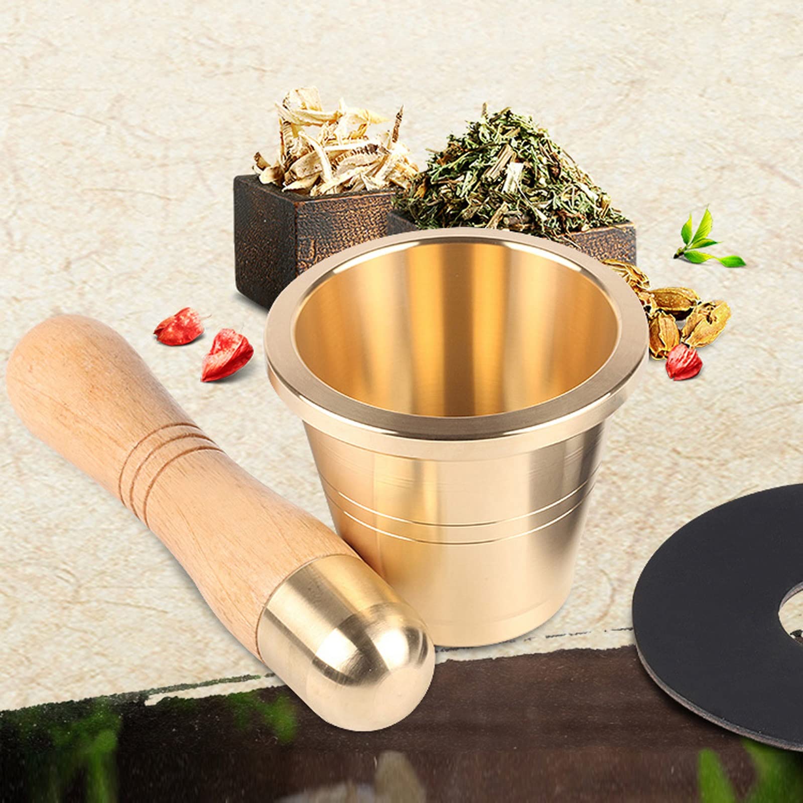 Knoblauchpresse Edelstahl Traditionelles Mörser- und Stößel-Set aus Messing, Gewürz- und Kräutermühle, 1 Stück, Gold Knoblauchzerkleinerer(Groß)