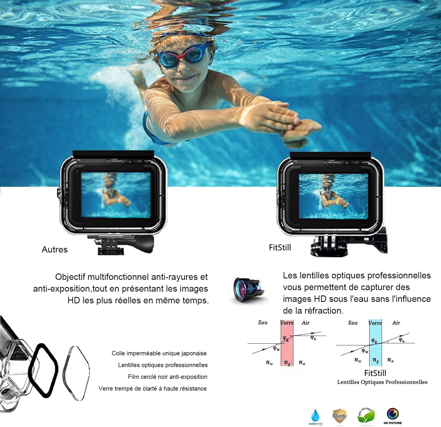 FitStill Coque étanche pour GoPro Hero 8 Black 60 m Boîtier de plongée avec Support Accessoires pour caméra d'action Go Pro Hero8
