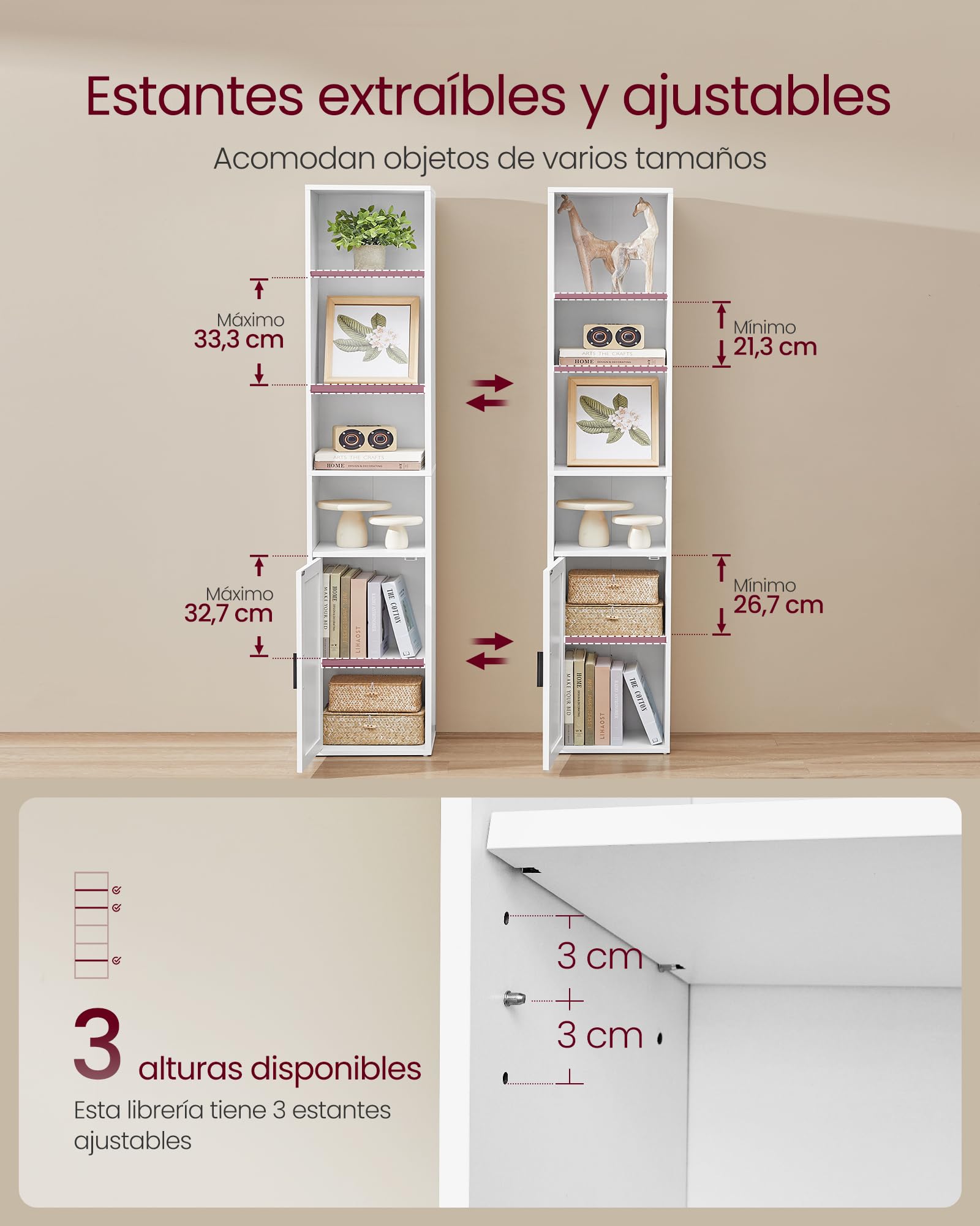 VASAGLE Librería, Estantería Vertical de 6 Niveles, con Puerta, 24 x 31,8 x 175 cm, para Salón, Estudio, Oficina, Comedor, Blanco Nube LBC401W01
