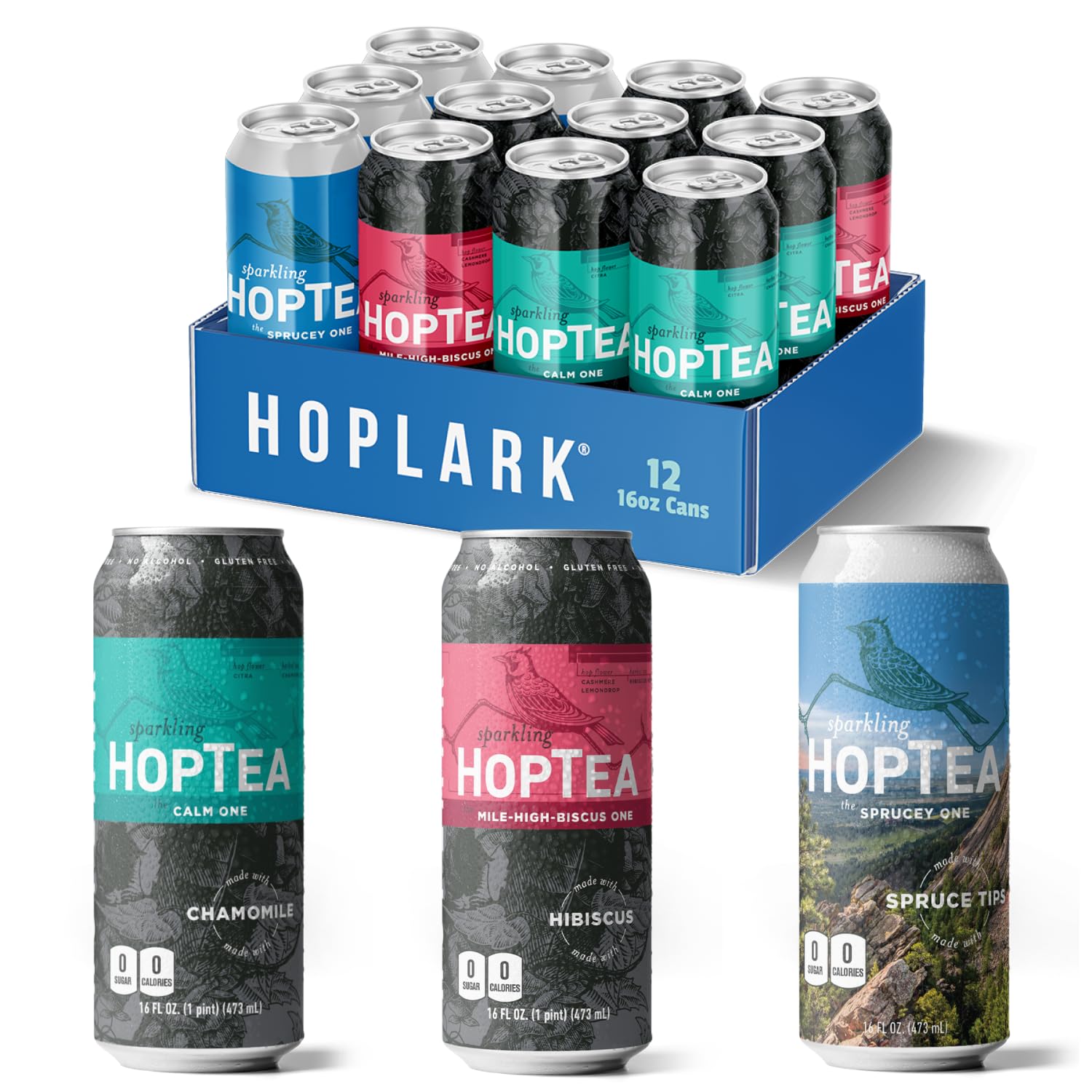 HOPLARK Sparkling HopTea – The Relax Pack – Calming Botanical Sparkling Tea Sampler with Chamomile, Hibiscus and Spruce Tips – Zero Calorie – Unsweetened – 12 Pack 16oz Cans