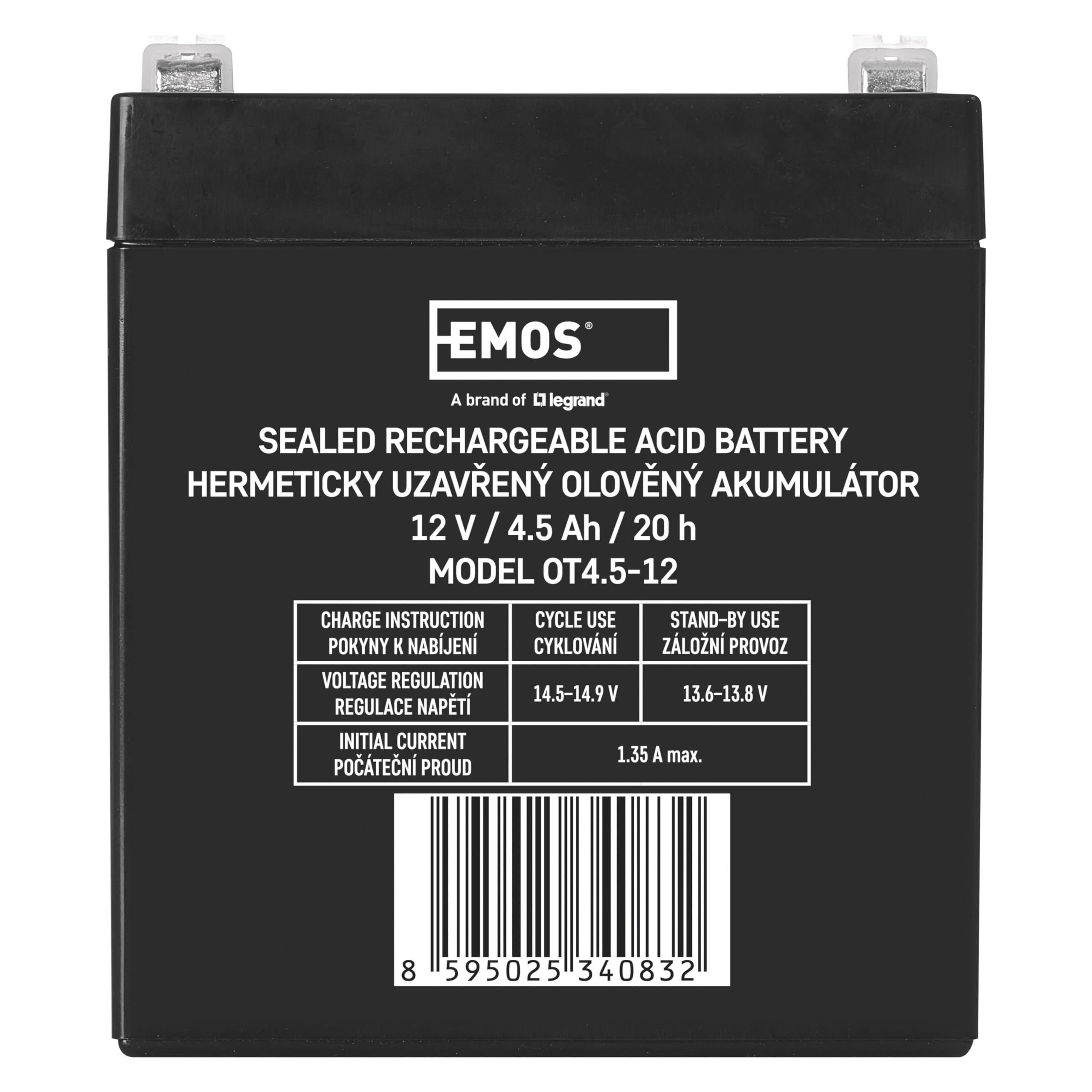 EMOS - Batteria al piombo senza manutenzione - 12V 4,5Ah - Batteria AGM - Connettore Faston 4,7mm - Per illuminazione di emergenza, sistemi di allarme, tecnologia di rilevamento incendi, UPS