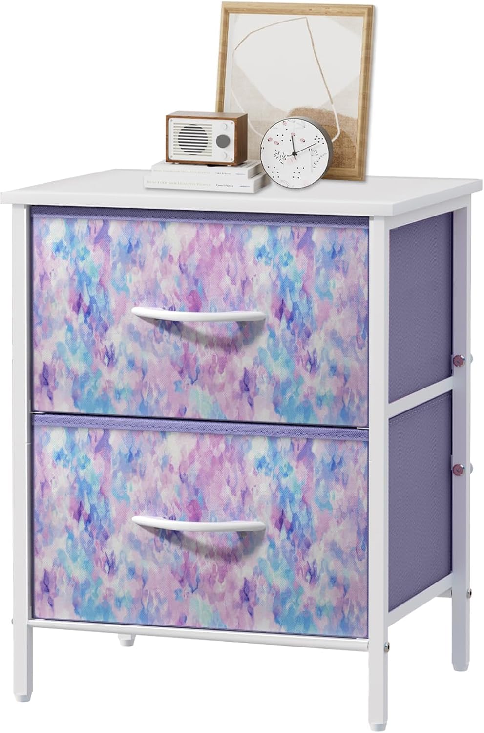 Stero Nightstand, Kids Dresser with 2 Drawers, Steel Frame Bedside Furniture, Wood Top Fabric Night Stand, Colorful End Table for Home, Bedroom, Office, Tie-dye Purple