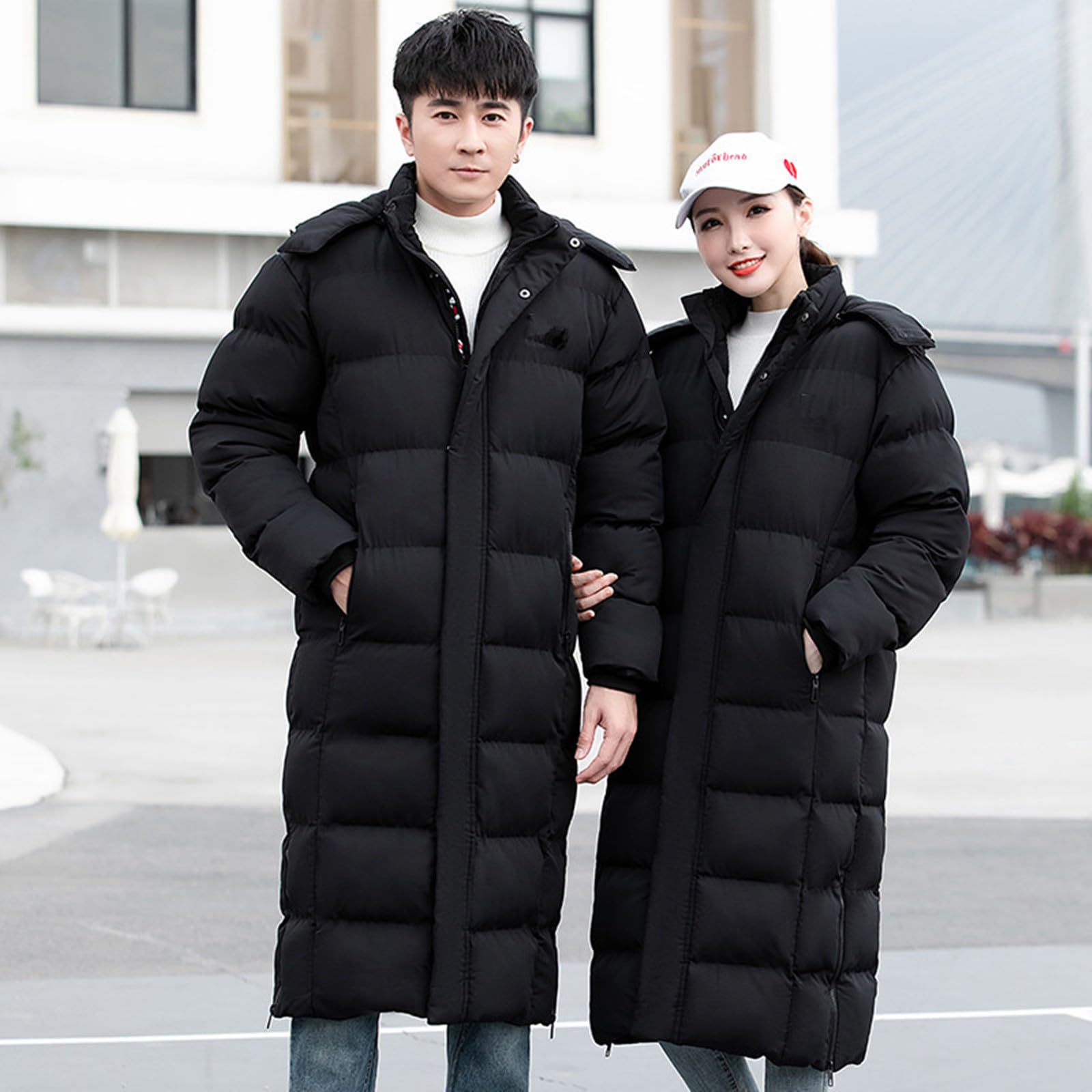 ANUFER Unisex Uomo Donna Lungo Giacca Puffer Termico Cotone Imbottito Cappotto Invernale con Cappuccio Staccabile