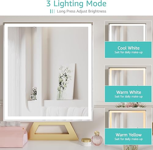 Miniatura 4 de Pequeño escritorio de maquillaje con luces, juego de tocador para niñas de 31 pulgadas con espejo y silla, tocador de maquillaje con cajones y toma