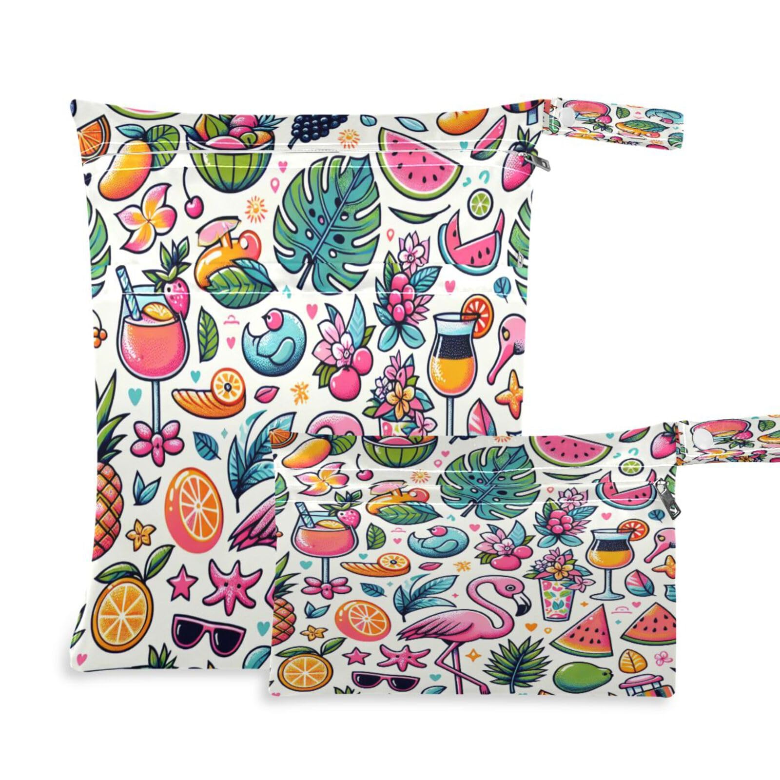 ATTX Fruits Flamingo Wet Dry Bags 2-Pack - Reusable Cloth Diaper Storage for Travel, Beach & Gym | Multi-Use Waterproof Bags for Swimsuits, Baby Clothes, Sports Gear#56